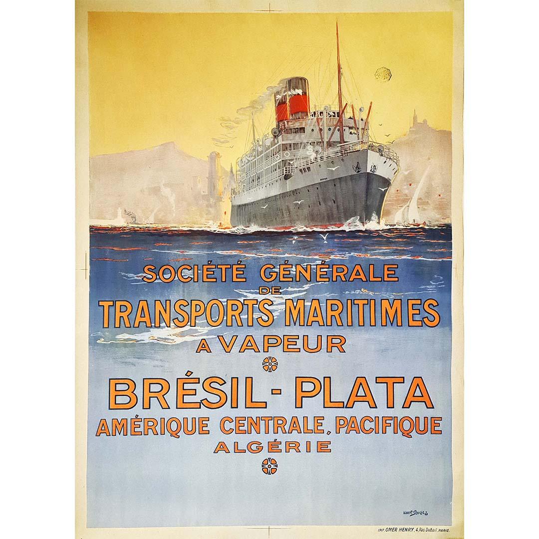 Manifesto originale del 1920 circa di Albert Sebille per una grande compagnia di navigazione in vendita 1