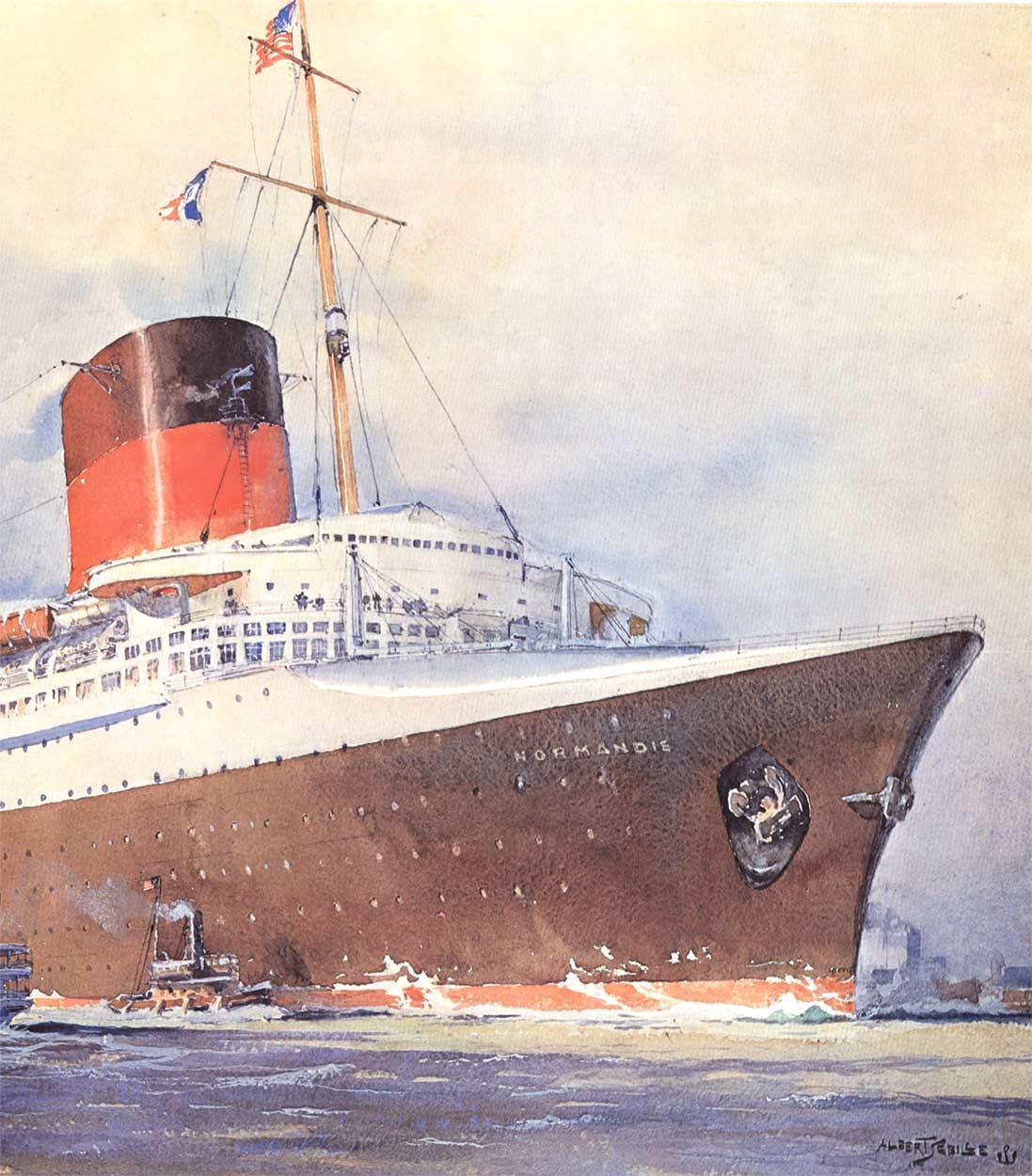 Cartel original de época de la línea de cruceros Normandie 1935 - Print Beige de Albert Sebille