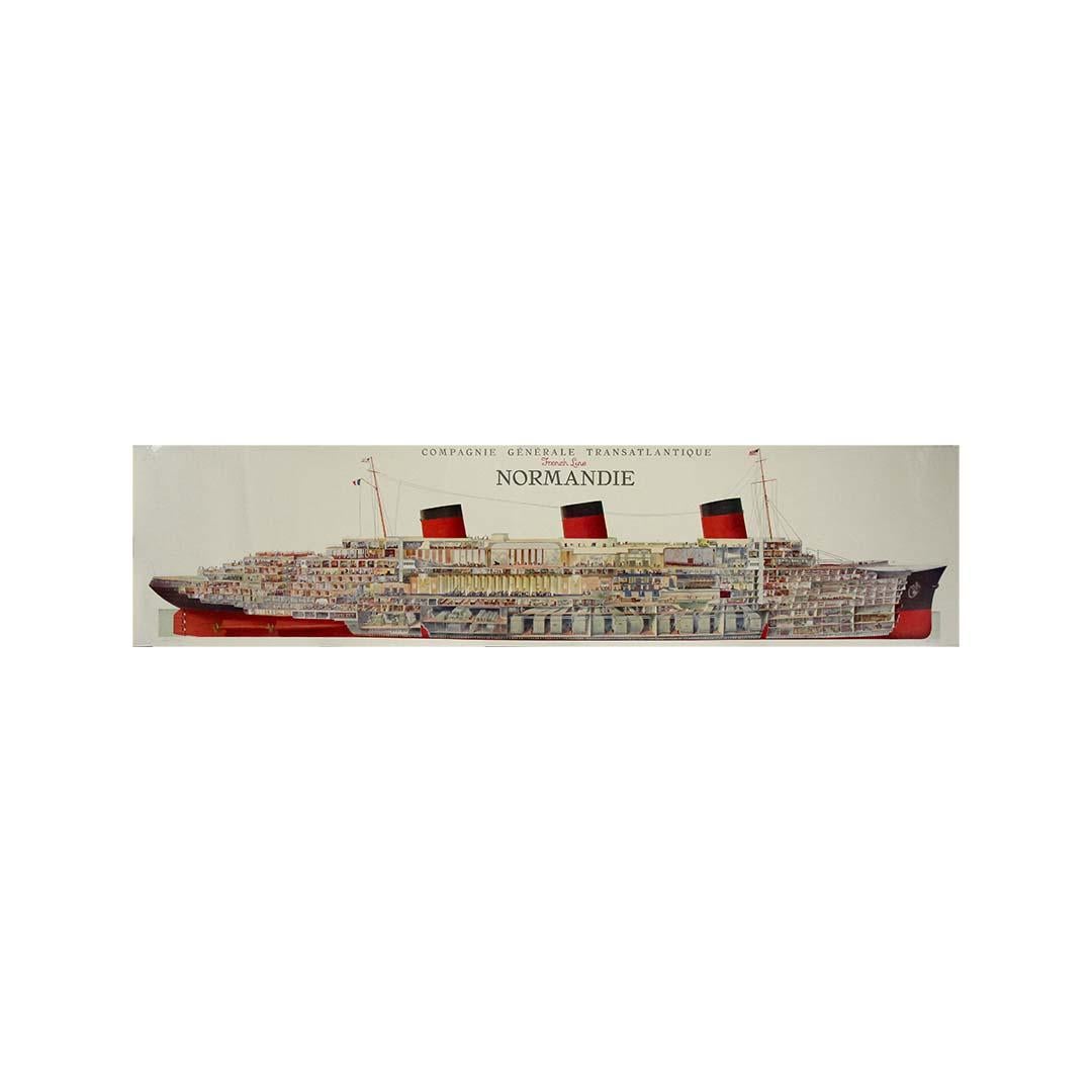 This striking original poster by the famed French maritime illustrator Albert Sébille presents an extraordinary cross-section of the legendary SS Normandie, the flagship of the Compagnie Générale Transatlantique, also known as the French