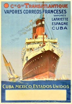 Affiche vintage originale de voyage en bateau à vapeur de croisière Cie Gle Transatlantique Espagne