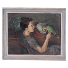 Vintage Albert Serwazi 'American',"Gertrude with Parrot", Oil on Canvas. 