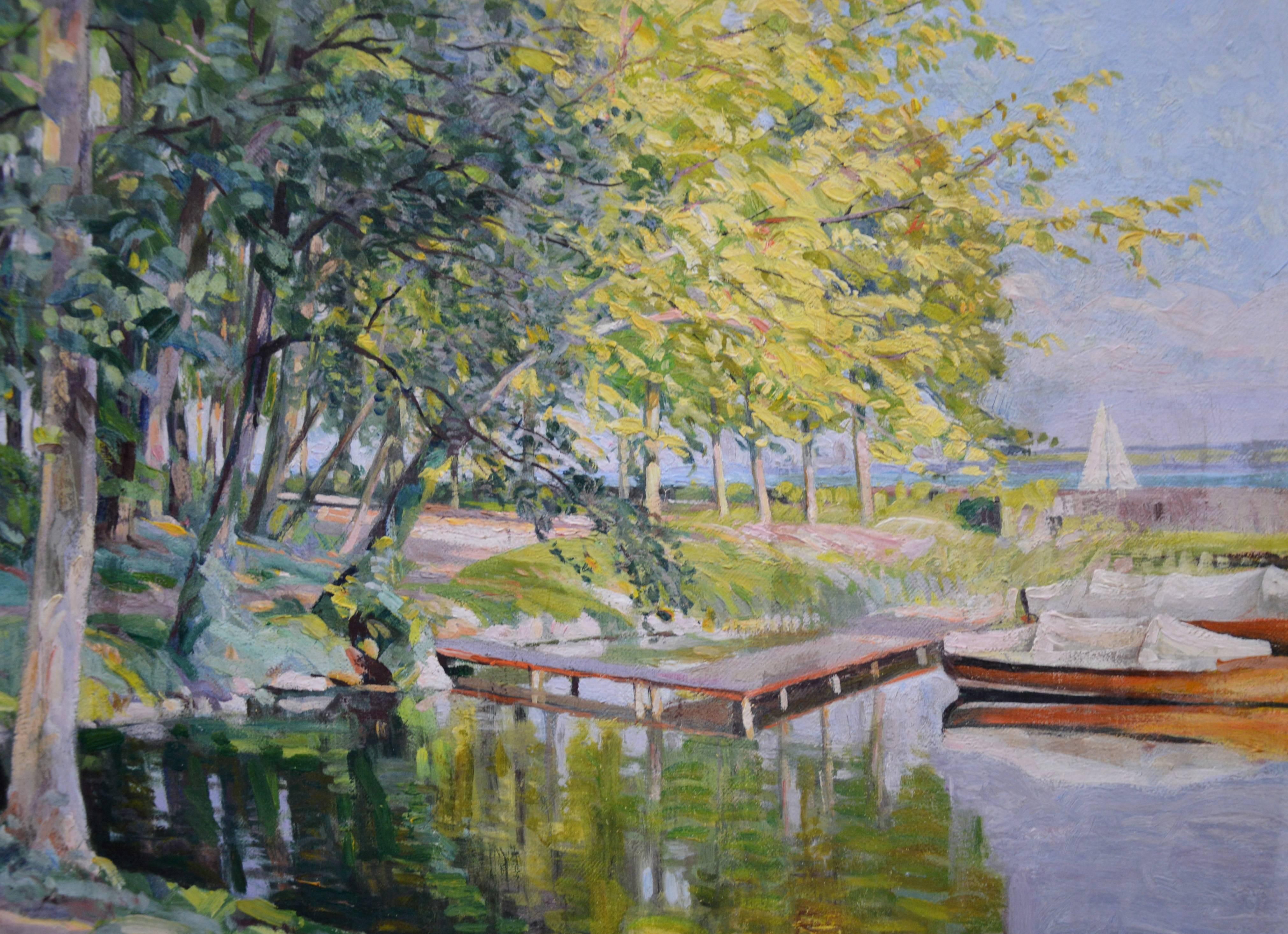 Au Bord du Lac - Post Impressionist Oil Painting 1943 - Lake Le Mans Geneve 2