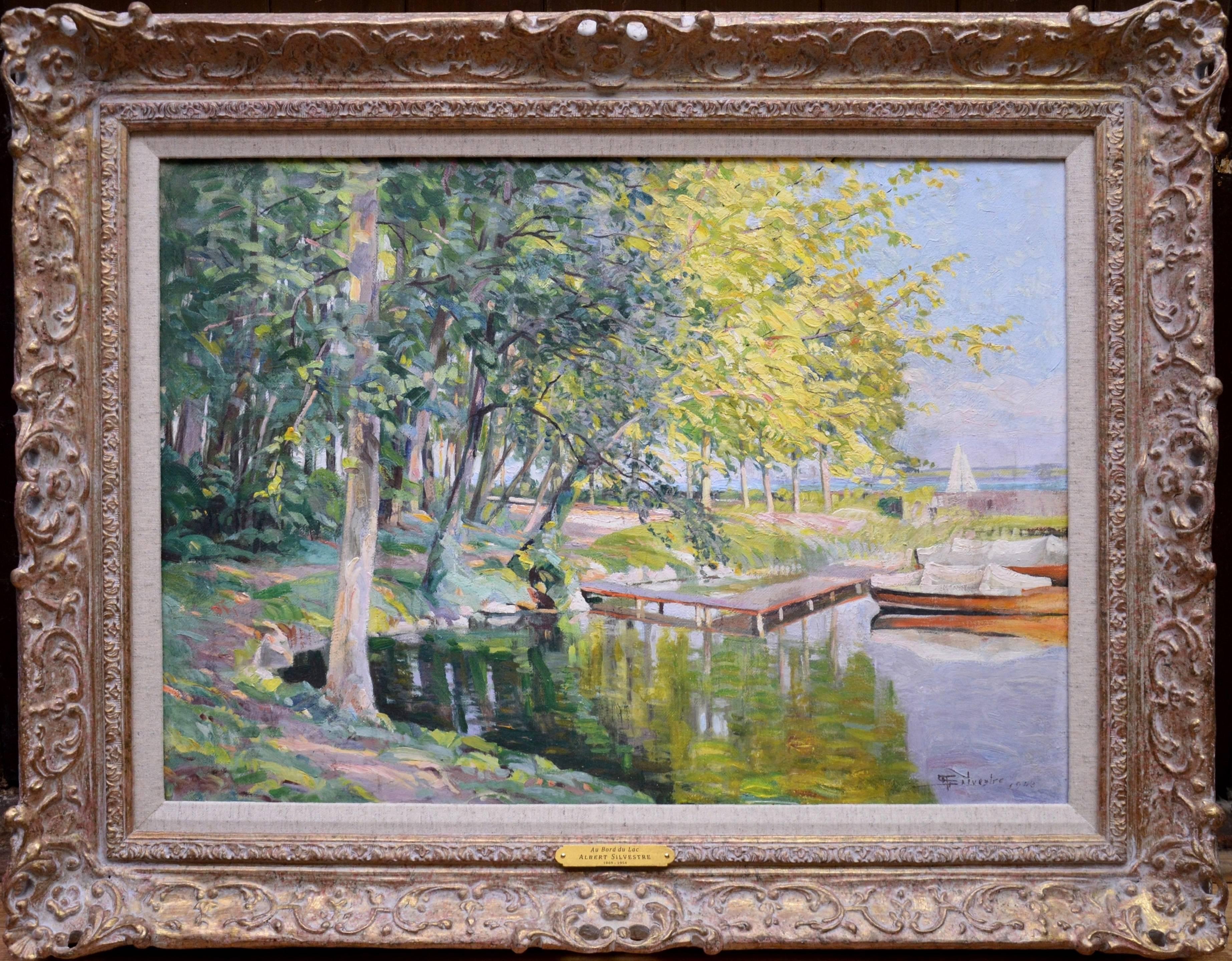 Albert Silvestre Landscape Painting - Au Bord du Lac - Post Impressionist Oil Painting 1943 - Lake Le Mans Geneve