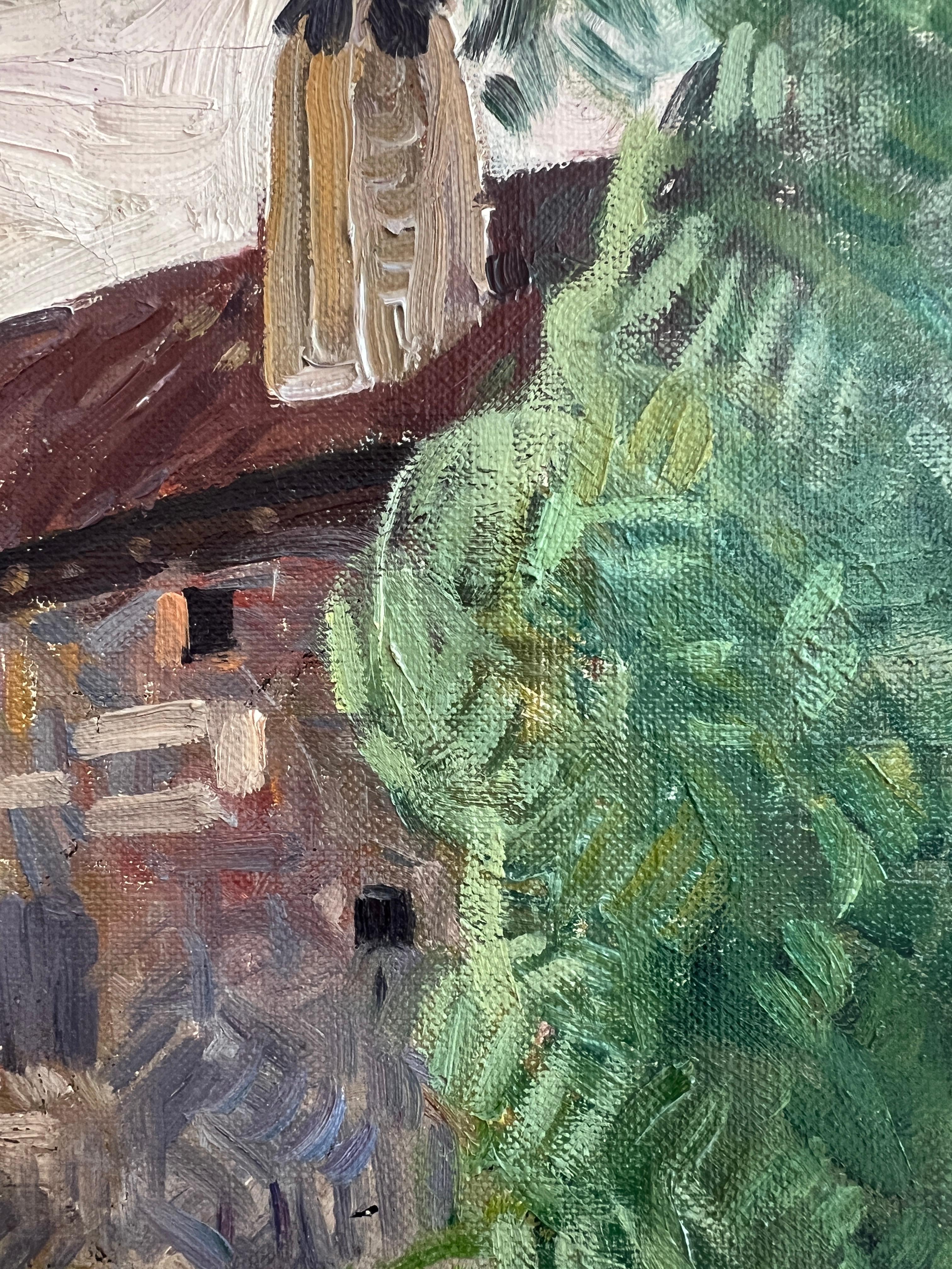 Obra sobre lienzo
Esta obra de arte, obra de un artista de gran talento, es un cuadro impresionista que representa un pueblo encantador. La paleta de colores, dominada por tonos terrosos y matices verdes, transmite una sensación cálida y relajante,