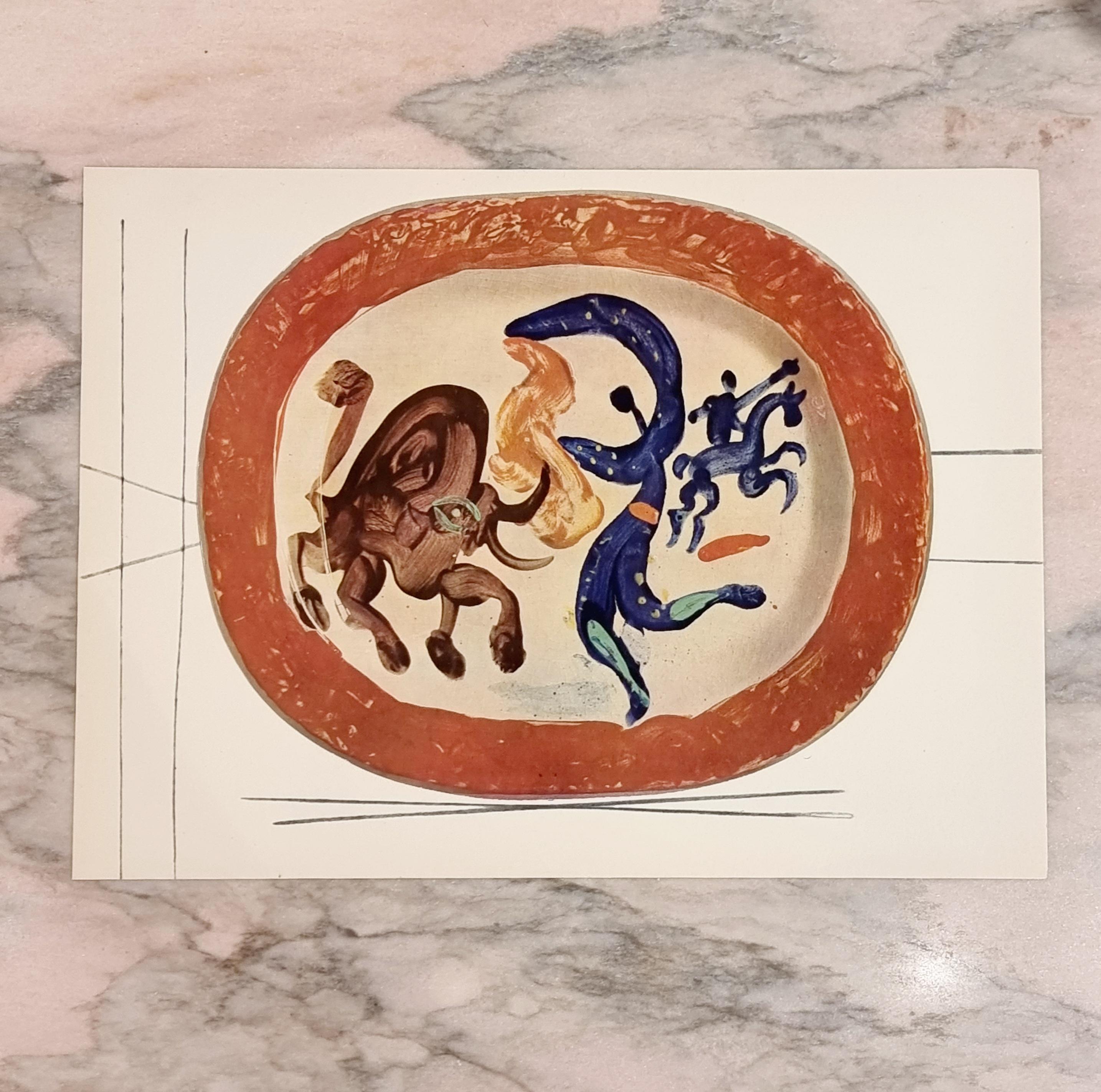 An exquisite shiny polychrome print of Picasso Vallauris ceramic plate depicting corrida de toros / bullfighting. The color print is attached to a thick, high quality paper with decorative lines. 

The print is originally from a Limited Edition Art