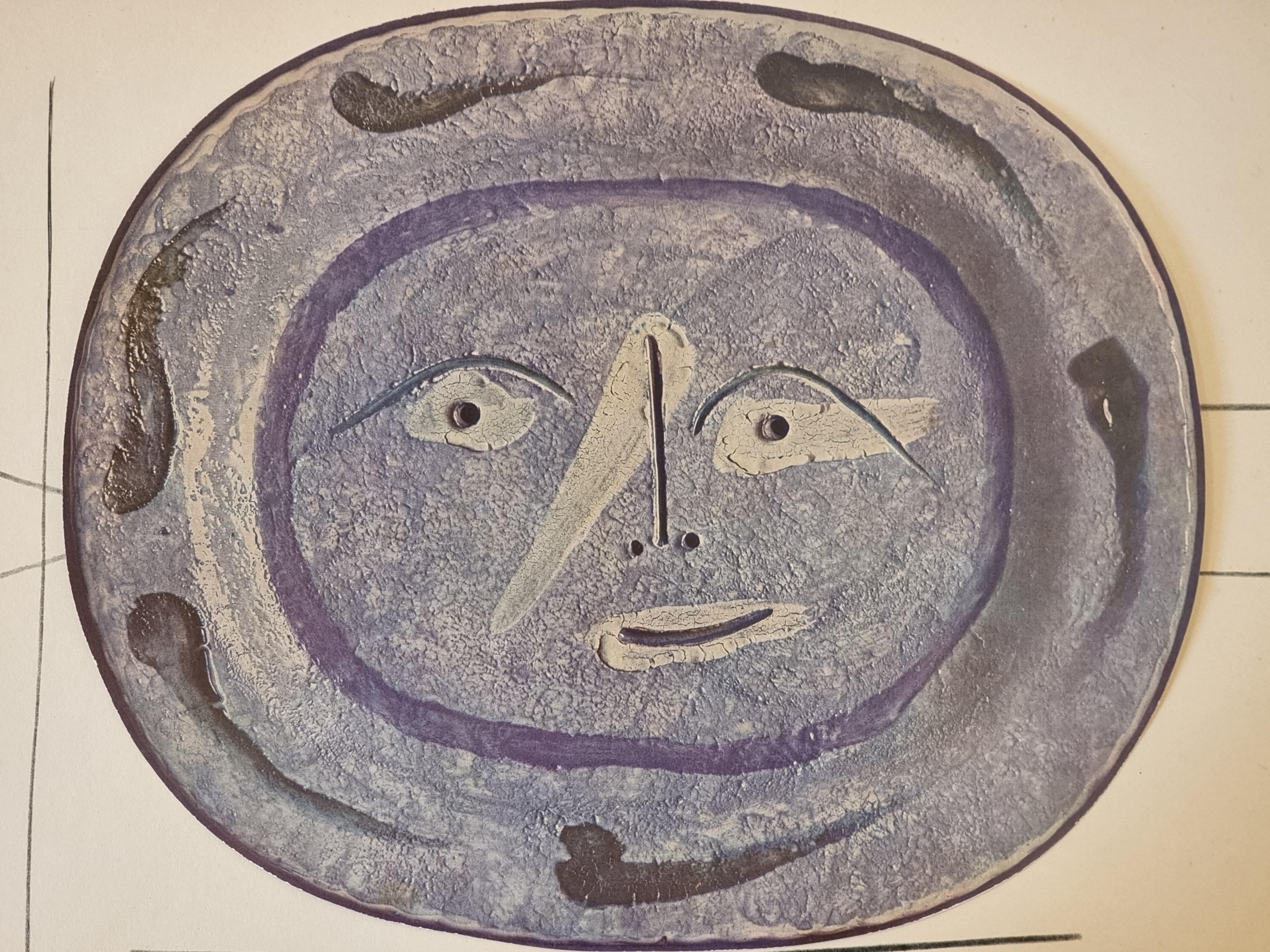 Mid-Century Modern Albert Skira Print of face in blue, Ceramic Plate from 