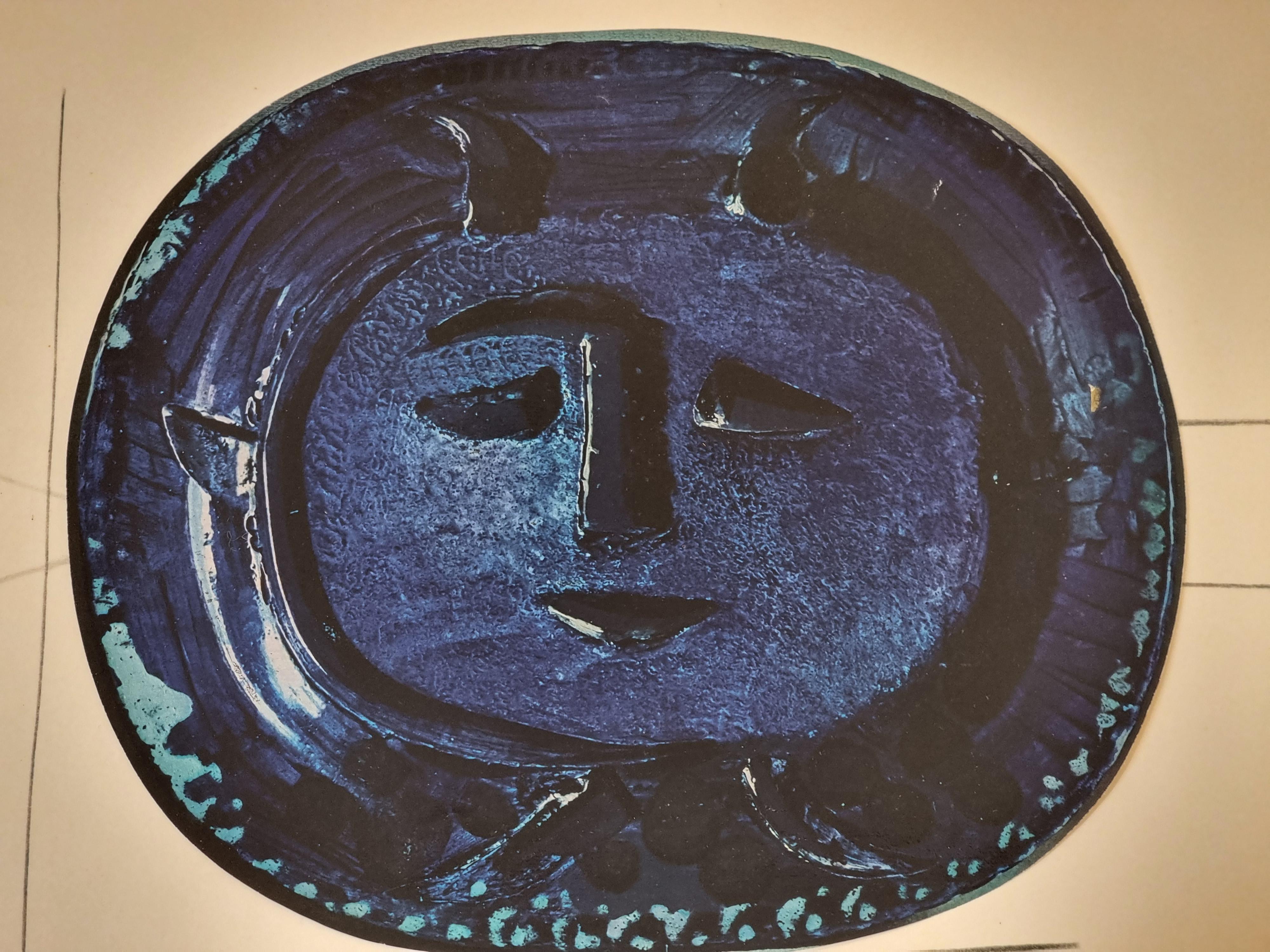 Mid-Century Modern Albert Skira Print of Face in Blue, Ceramic Plate from 