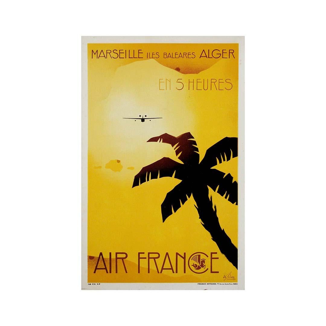 Muy bonito cartel de A. Solon ( 1897 - 1973 ) sobre la compañía aérea Air France y sus viajes entre Marsella, Baleares y Argel en 5 horas.

Uno de los primeros carteles de Air France impreso en 1934, sólo un año después de la fundación de la
