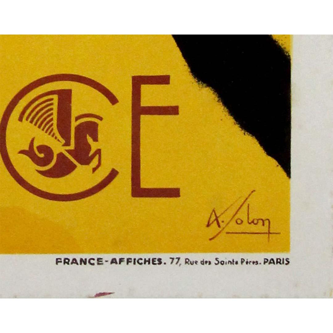 Cartel original de 1934 de A. Solon para Air France Marseille Iles Baléares Alger en venta 1
