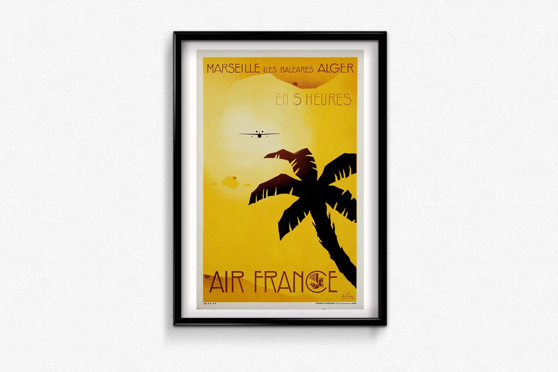 Cartel original de 1934 de A. Solon para Air France Marseille Iles Baléares Alger en venta 2