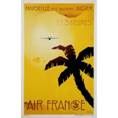 Cartel original de 1934 de A. Solon para Air France Marseille Iles Baléares Alger
