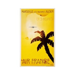 1934 Cartel de viaje original Marseille Iles Baléares Alger en 5 heures Air France