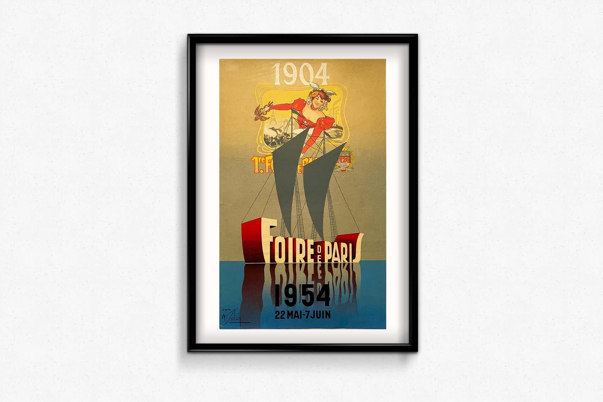 1954 Poster originale di Albert Solon per il 50° anniversario della Fiera di Parigi in vendita 3