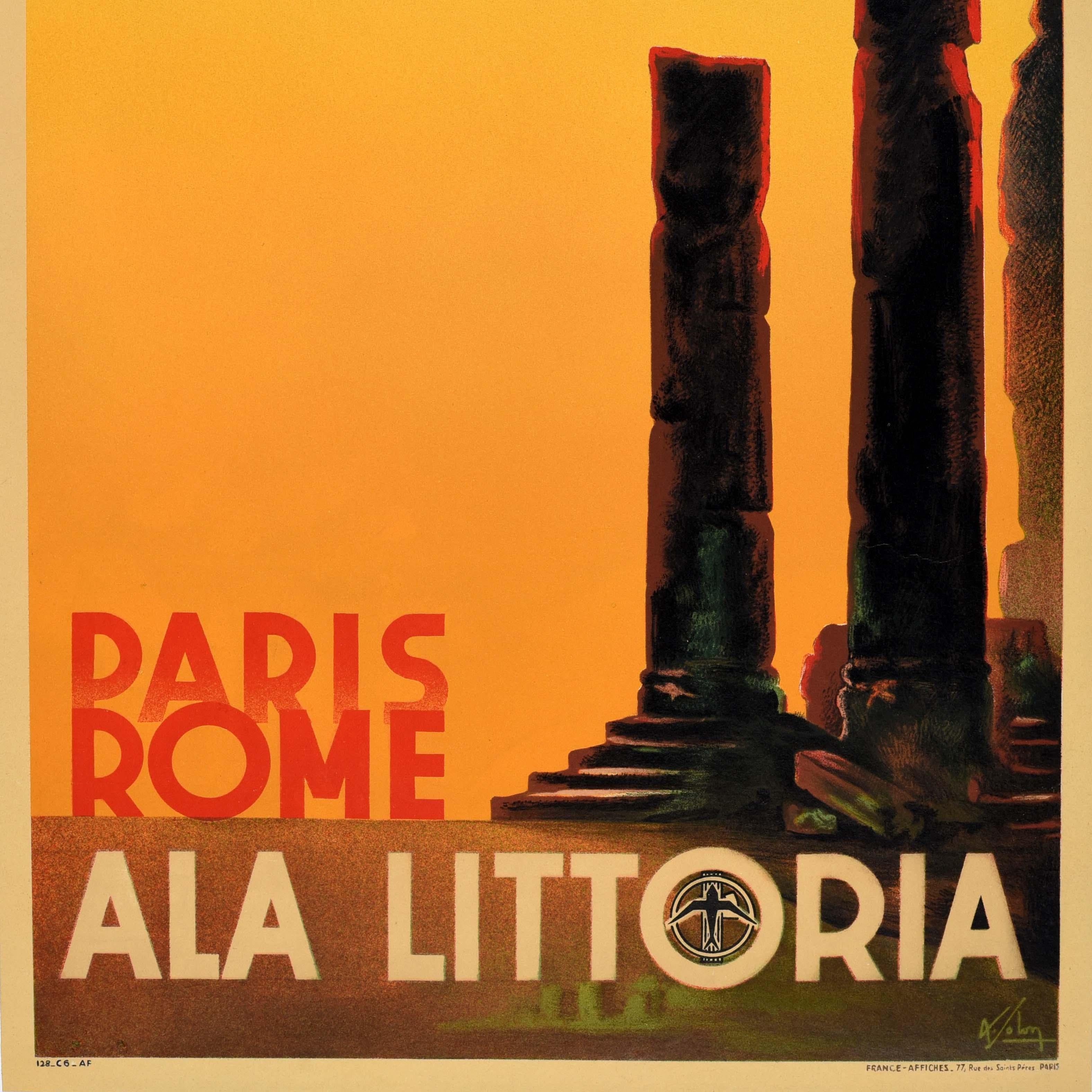 Original Vintage Travel Poster Air France Paris Rome Ala Littoria Albert Solon For Sale 3