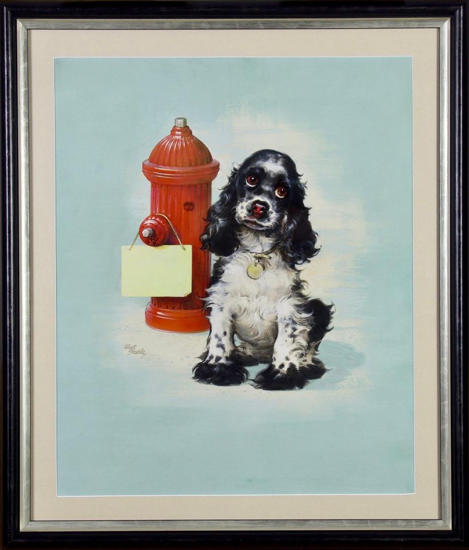 Butch at Fire Hydrant, „Wet Paint“ – Original Werbeillustration eines Hundes – Painting von Albert Staehle
