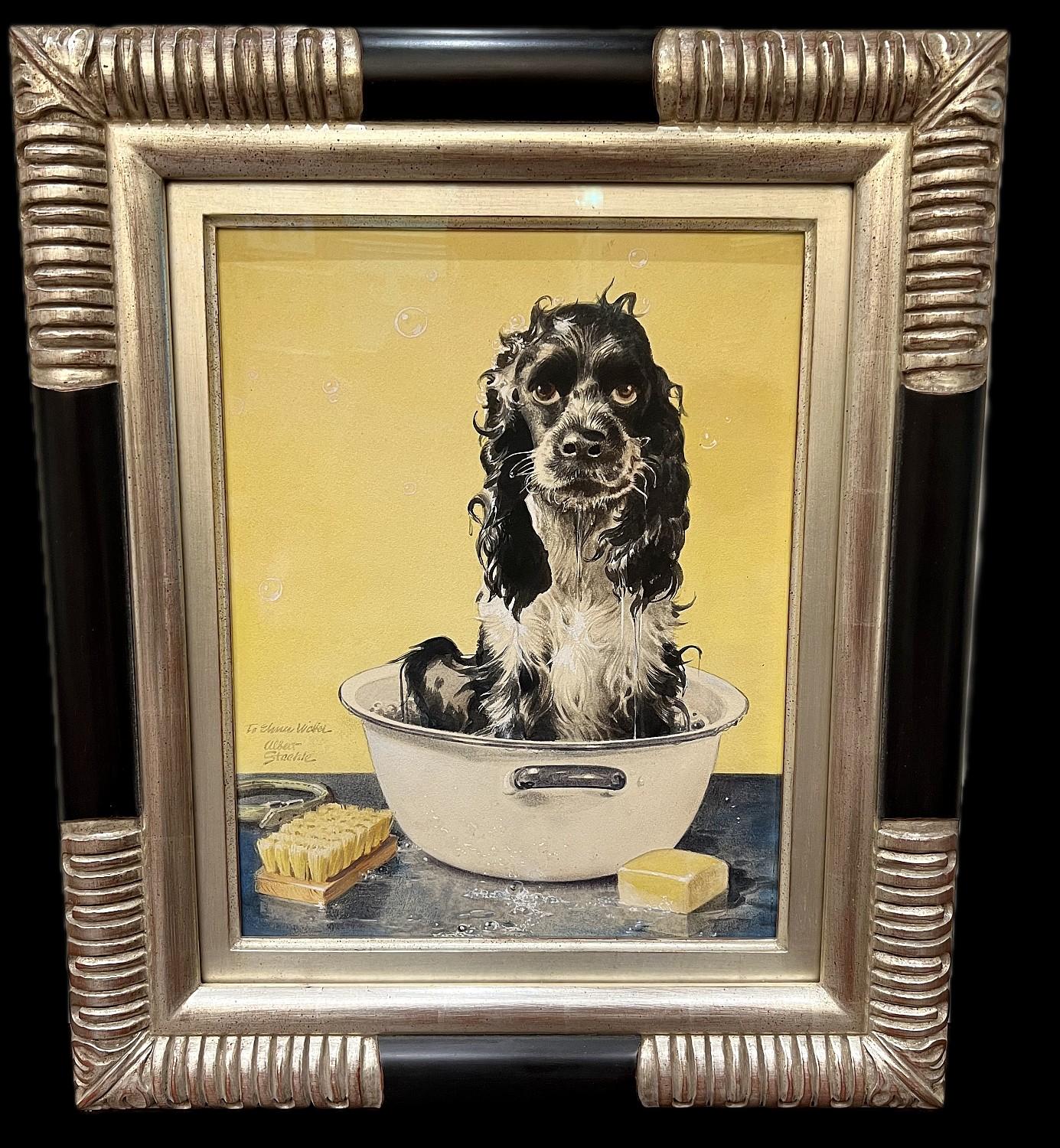 Butch Taking A Bath, couverture originale du Saturday Evening Post, peinture de chien - Art de Albert Staehle
