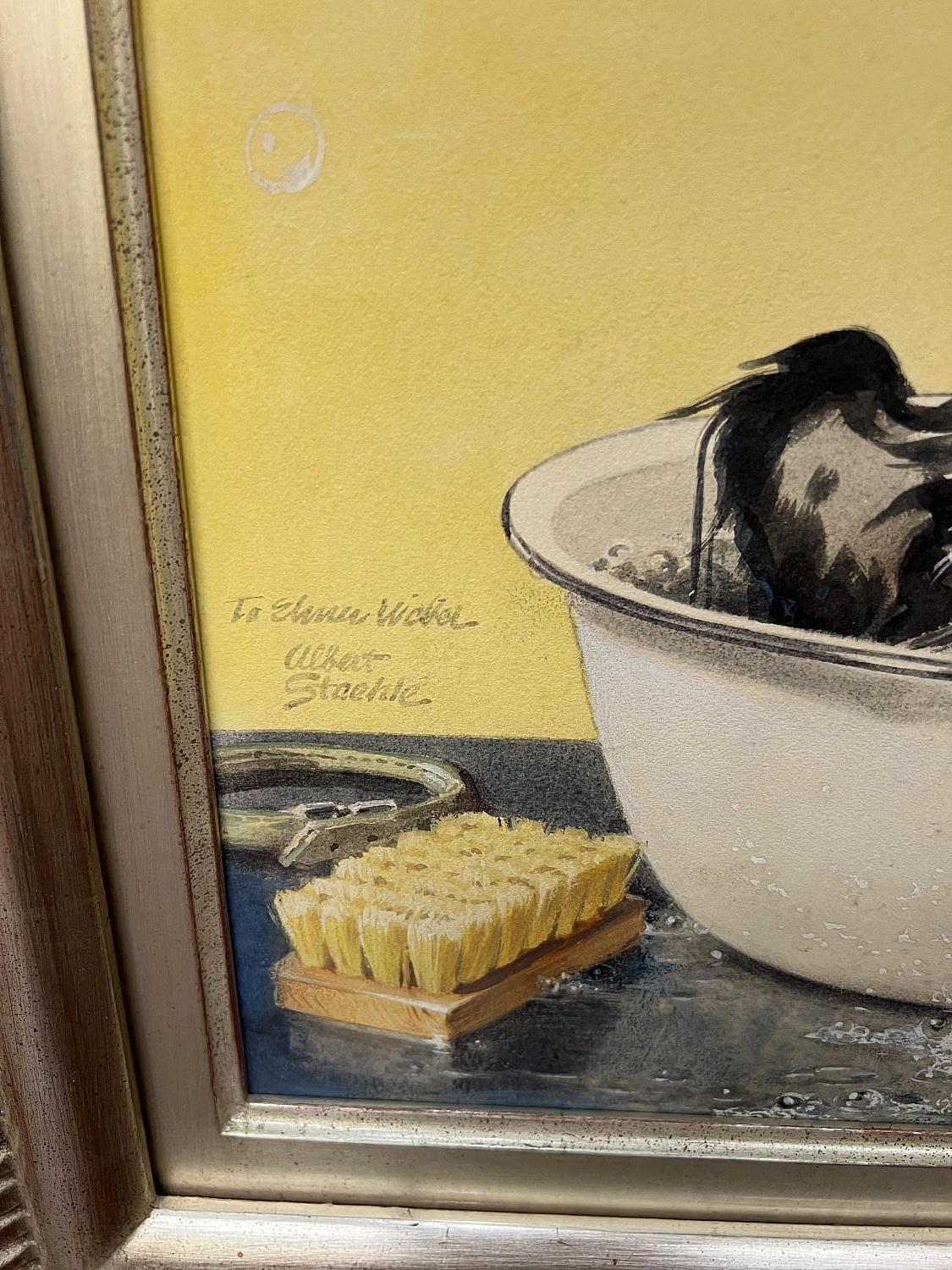 Butch Taking A Bath, couverture originale du Saturday Evening Post, peinture de chien - Beige Animal Art par Albert Staehle