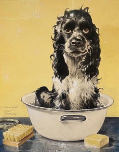 Butch Taking A Bath, couverture originale du Saturday Evening Post, peinture de chien