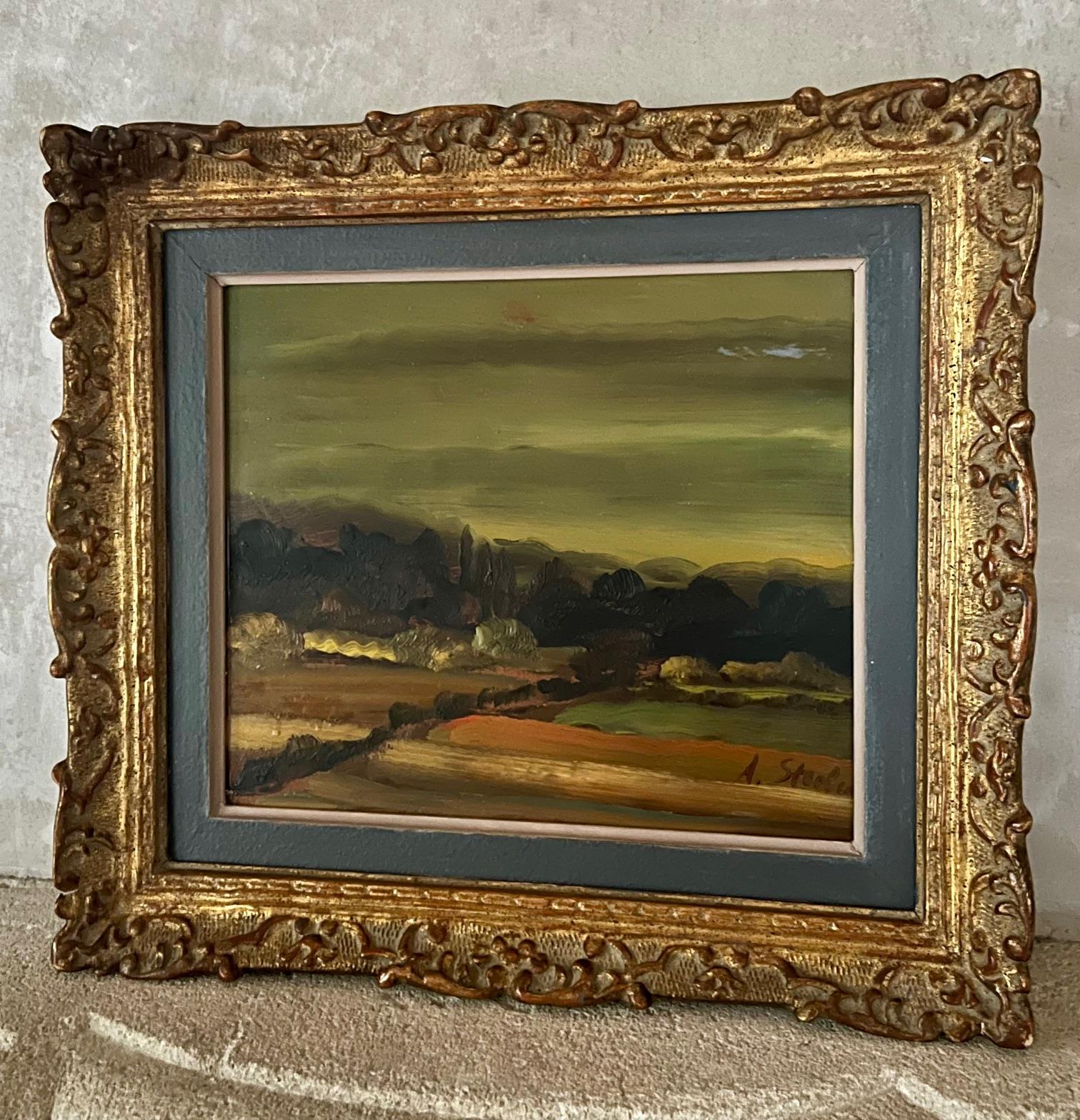 Landscape oil on panel by Belgian artist Albert Steel (1917-1984) in 1960. Signed lower right.

Matted in gray wood matting with gilt plaster frame.

Painting measures approximately 9 x 10.5

Albert Steel was from a family of artists as the son of