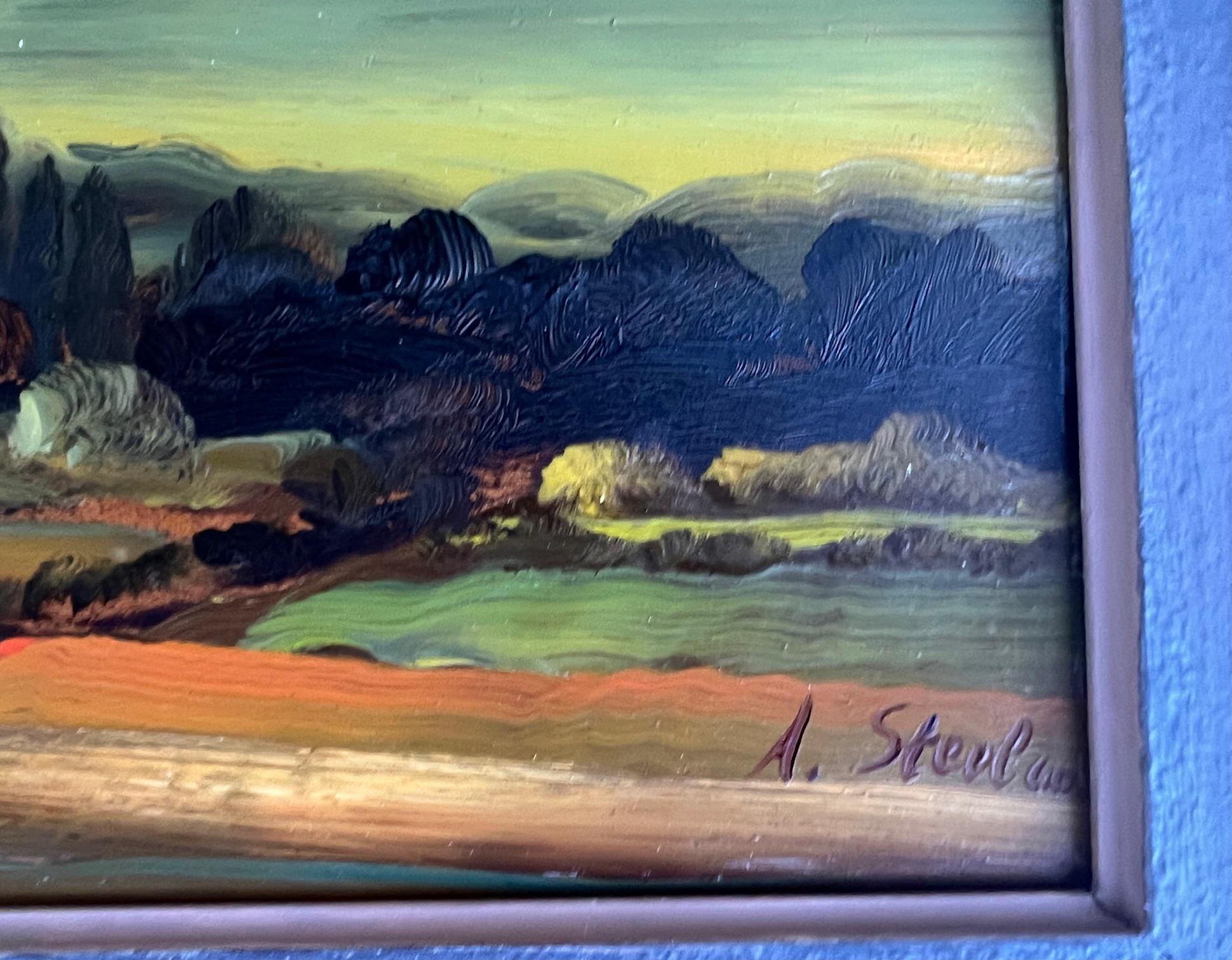 Hand-Painted Albert Steel Belgian Landscape Oil on Panel Signed, 1960