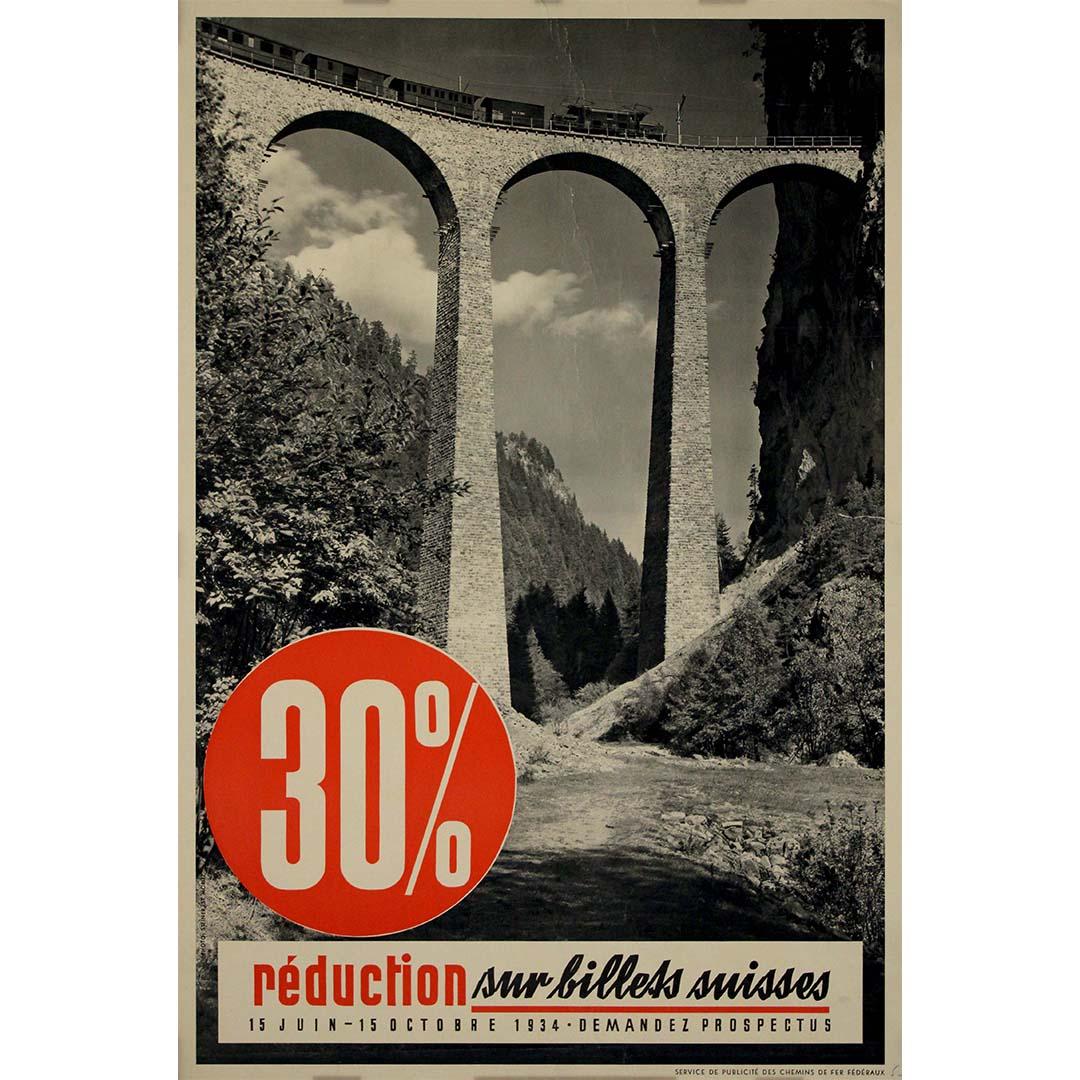 Das Original-Eisenbahnplakat von Albert Steiner aus dem Jahr 1934, das für St. Moritz mit einer Ermässigung von 30% auf die Schweizer Fahrkarten wirbt, spiegelt die goldene Zeit des Schweizer Tourismus wider. In den 1930er Jahren hatte sich St.