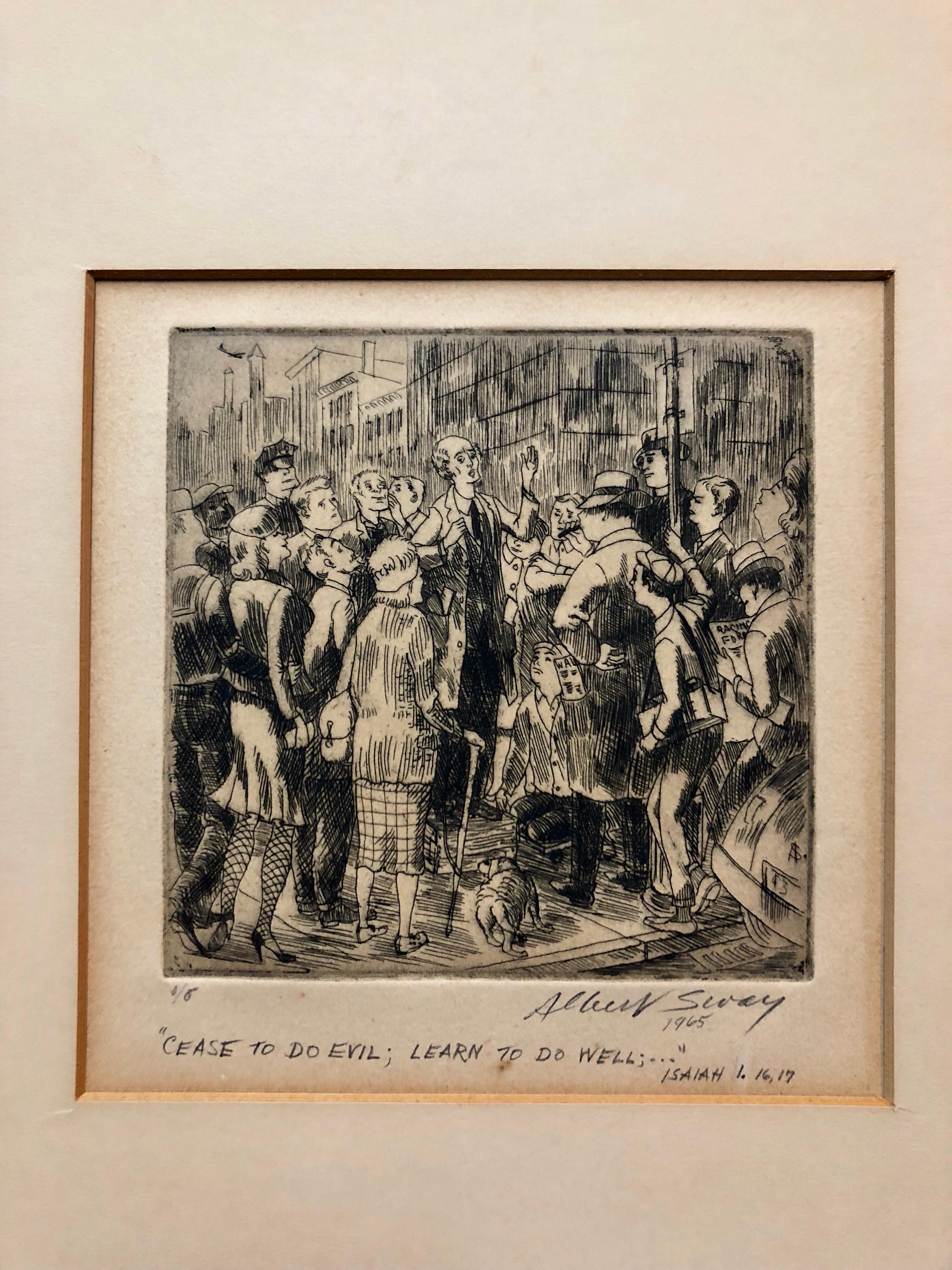 New York Social Realist Etching Cease To Do Evil Learn To Do Well WPA Artist NYC - Print by Albert Sway