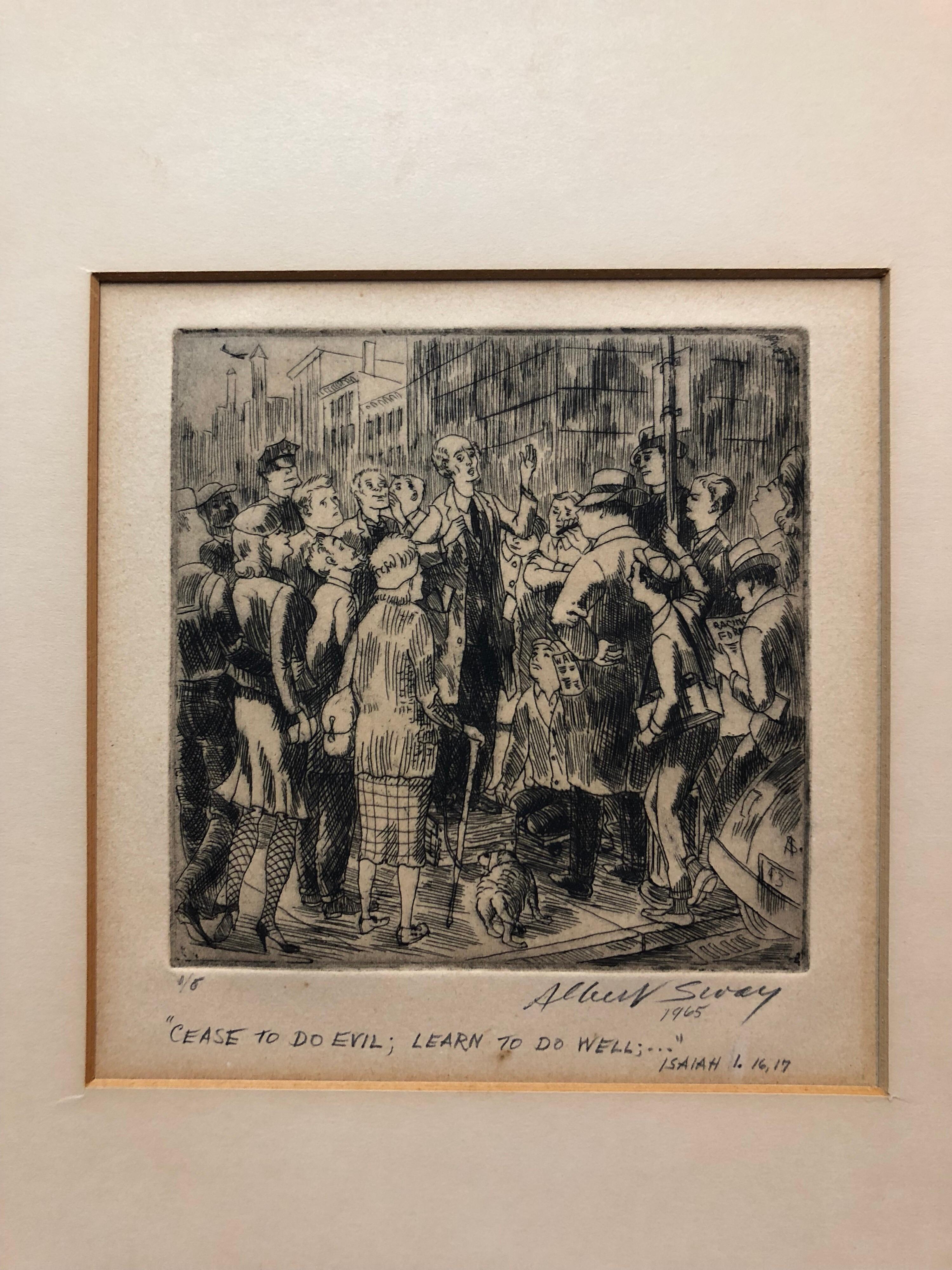 New York Social Realist Etching Cease To Do Evil Learn To Do Well WPA Artist NYC - American Modern Print by Albert Sway