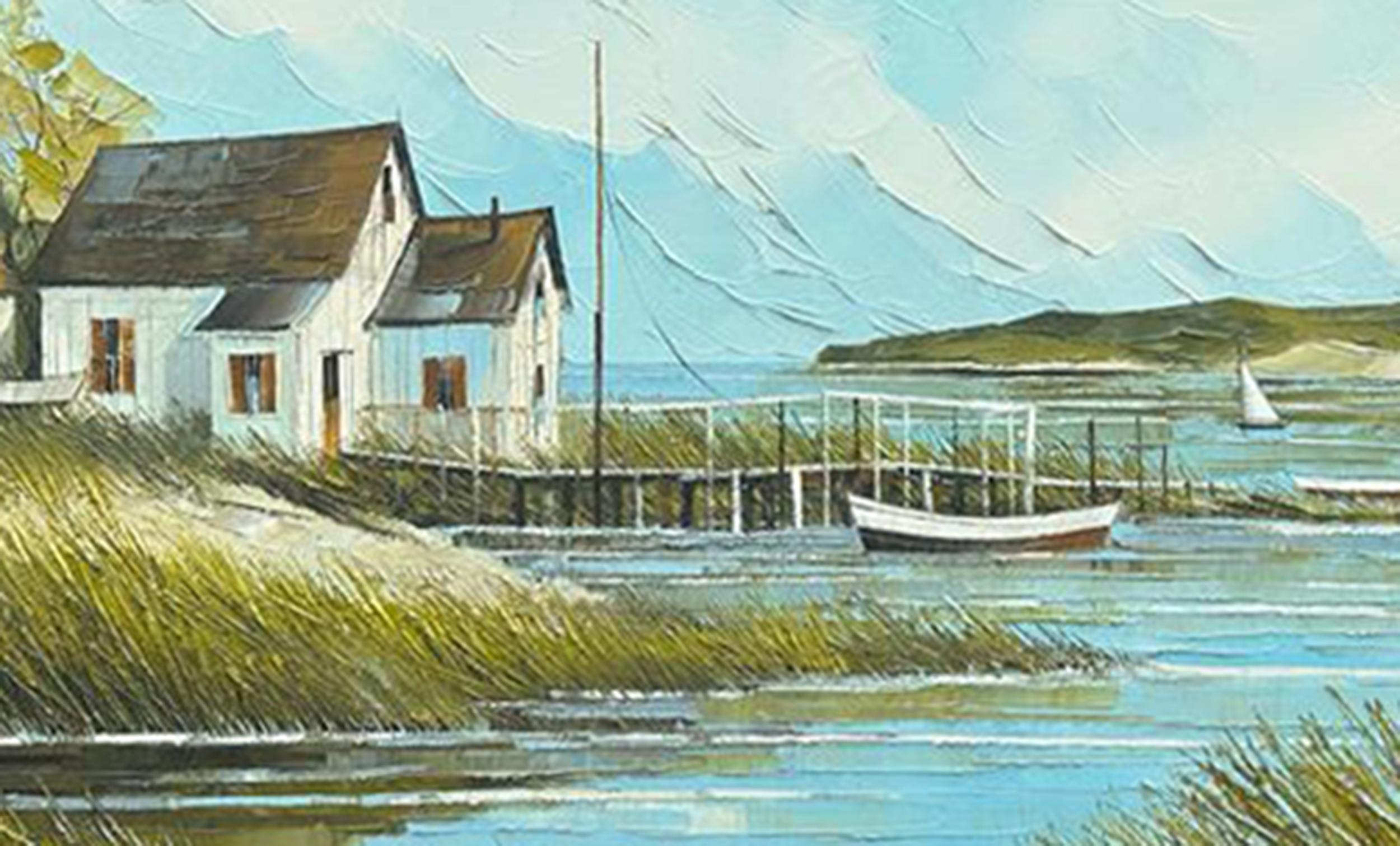 Casa costera, pintura al óleo impresionista sobre lienzo de Albert Swayhoover en venta 2