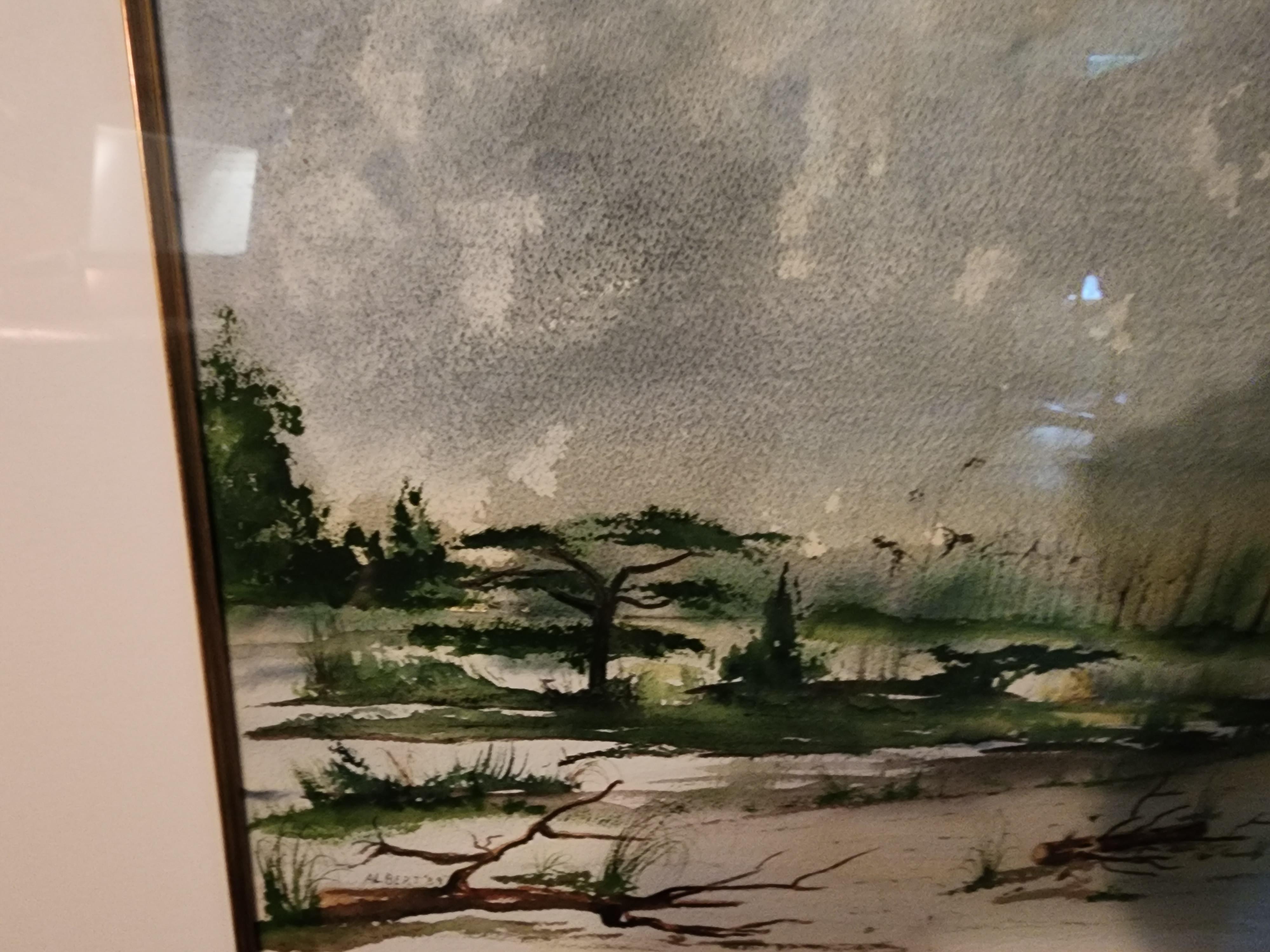 Wood Albert Swayhoover Watercolor Painting Coastal Scene Signed 1989 Framed For Sale