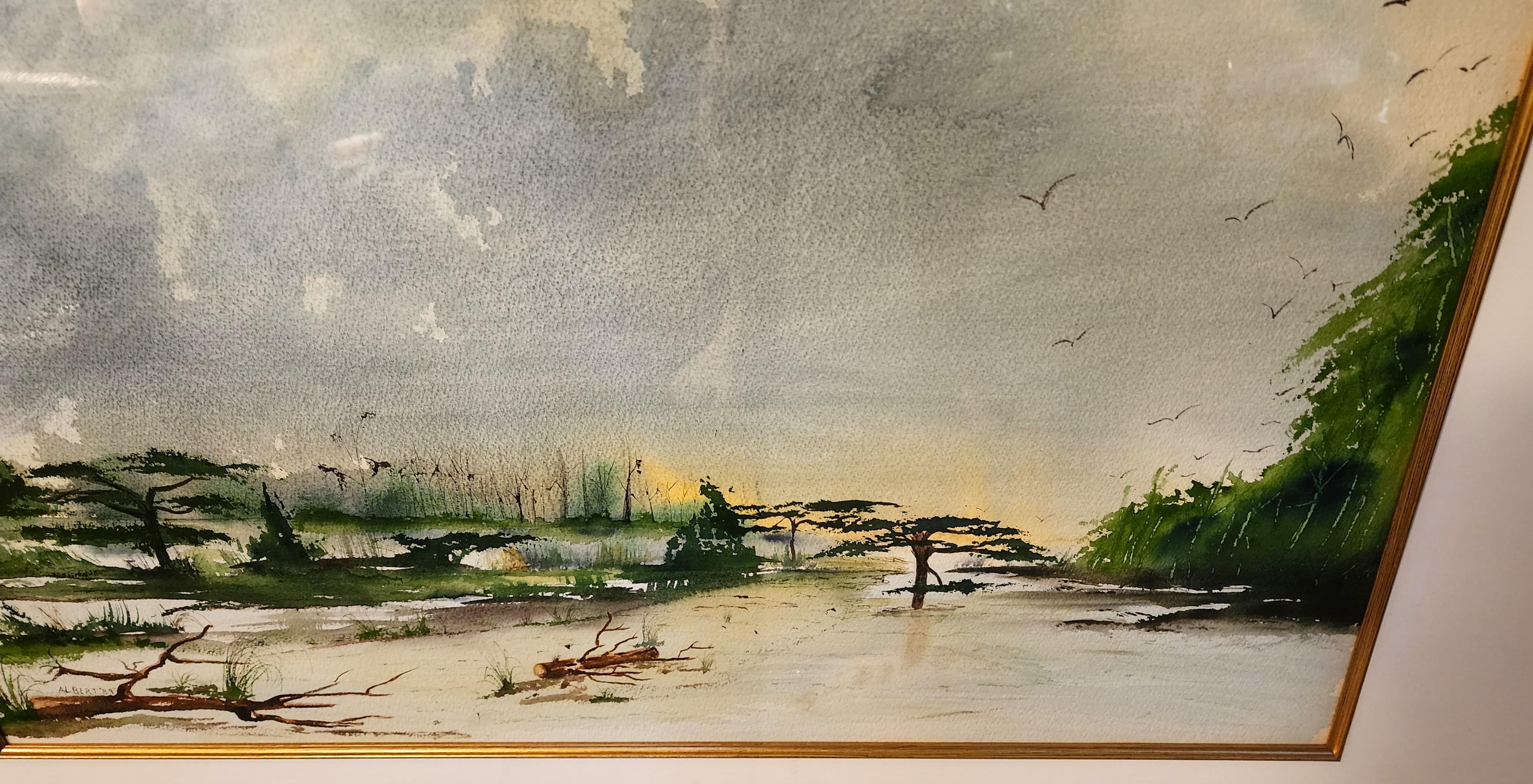 Albert Swayhoover Watercolor Painting Coastal Scene Signed 1989 Framed For Sale 1