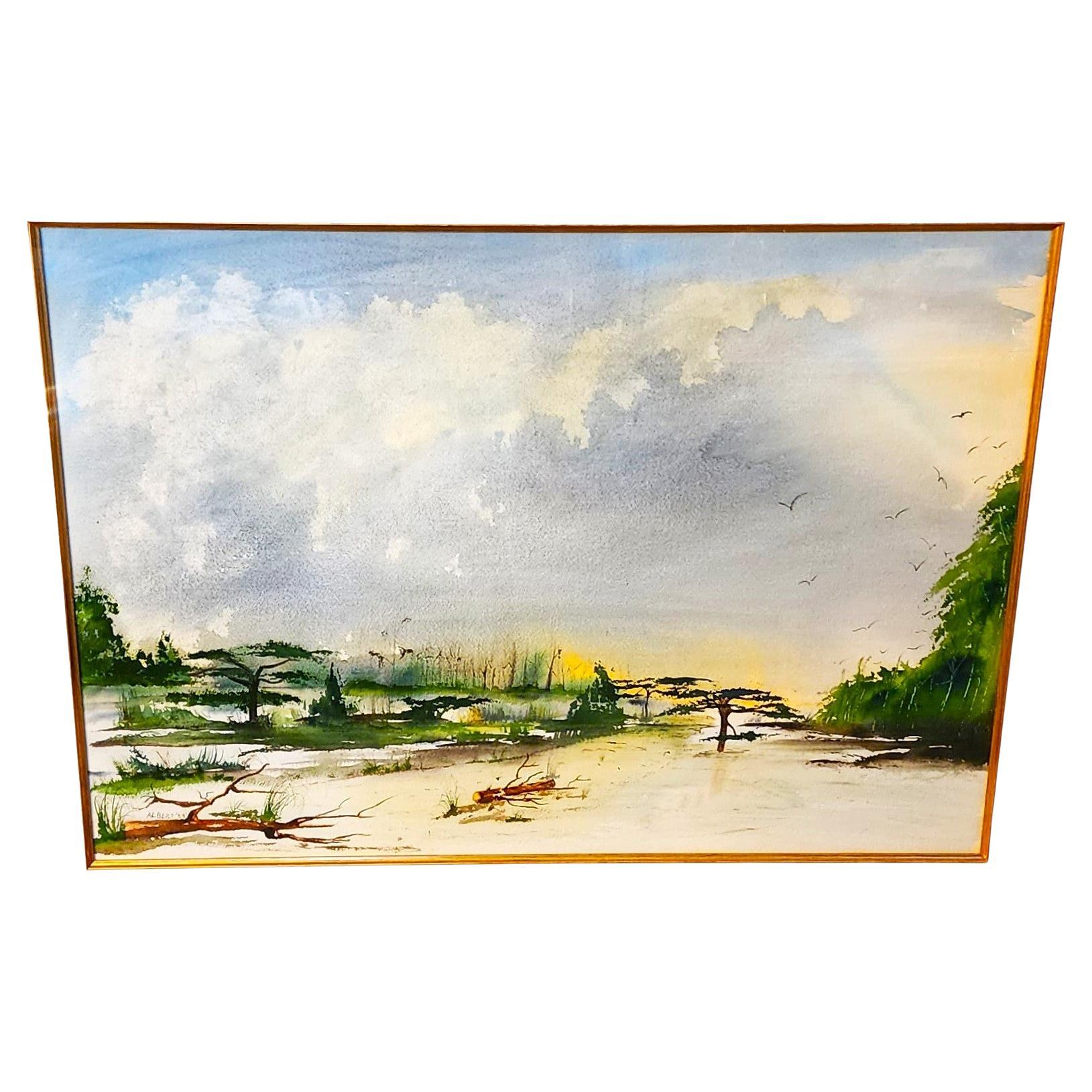 Albert Swayhoover Watercolor Painting Coastal Scene Signed 1989 Framed For Sale