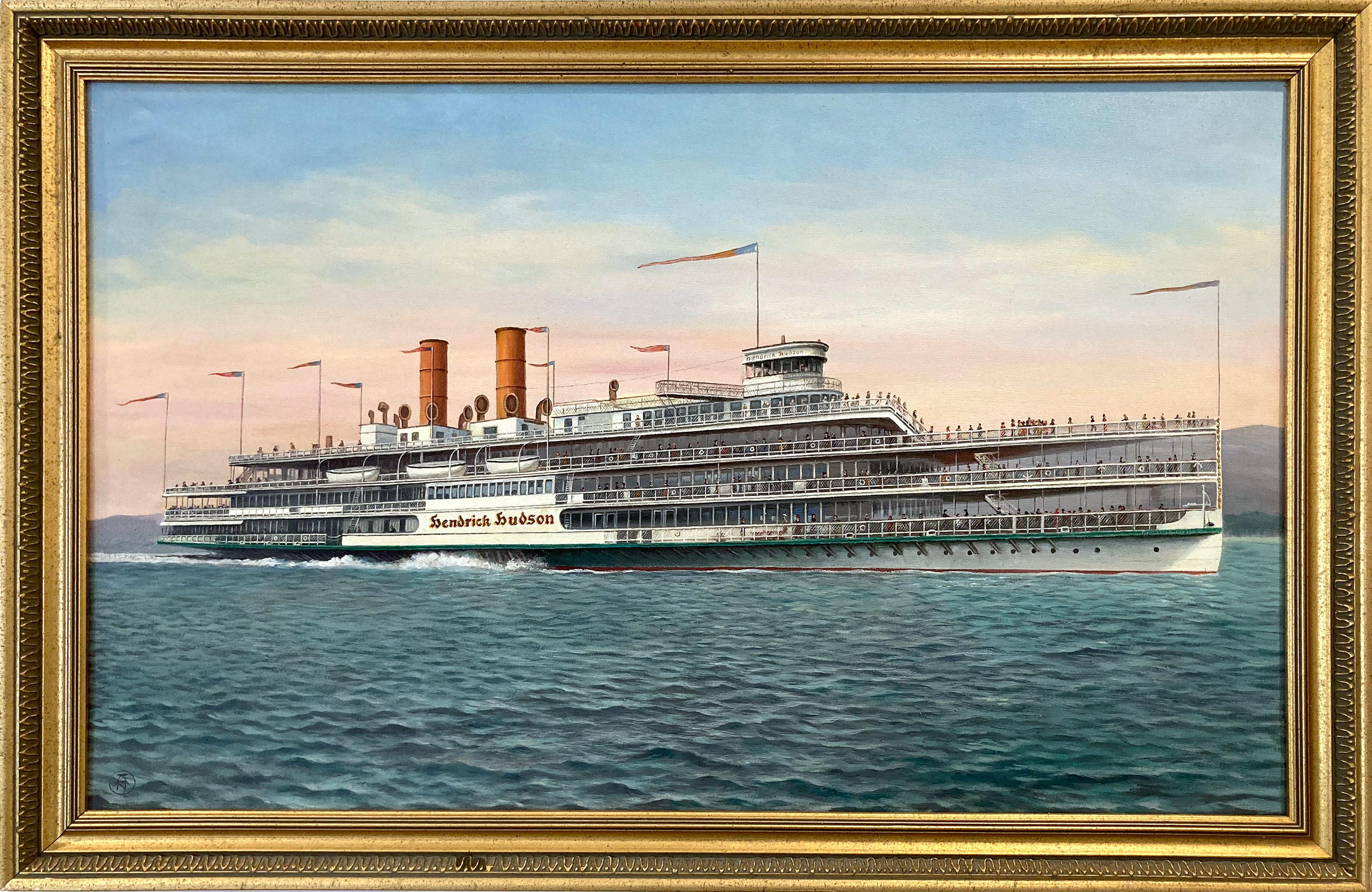 "The Hendrick Hudson Steamboat on the Hudson River" Realist Oil Painting Canvas