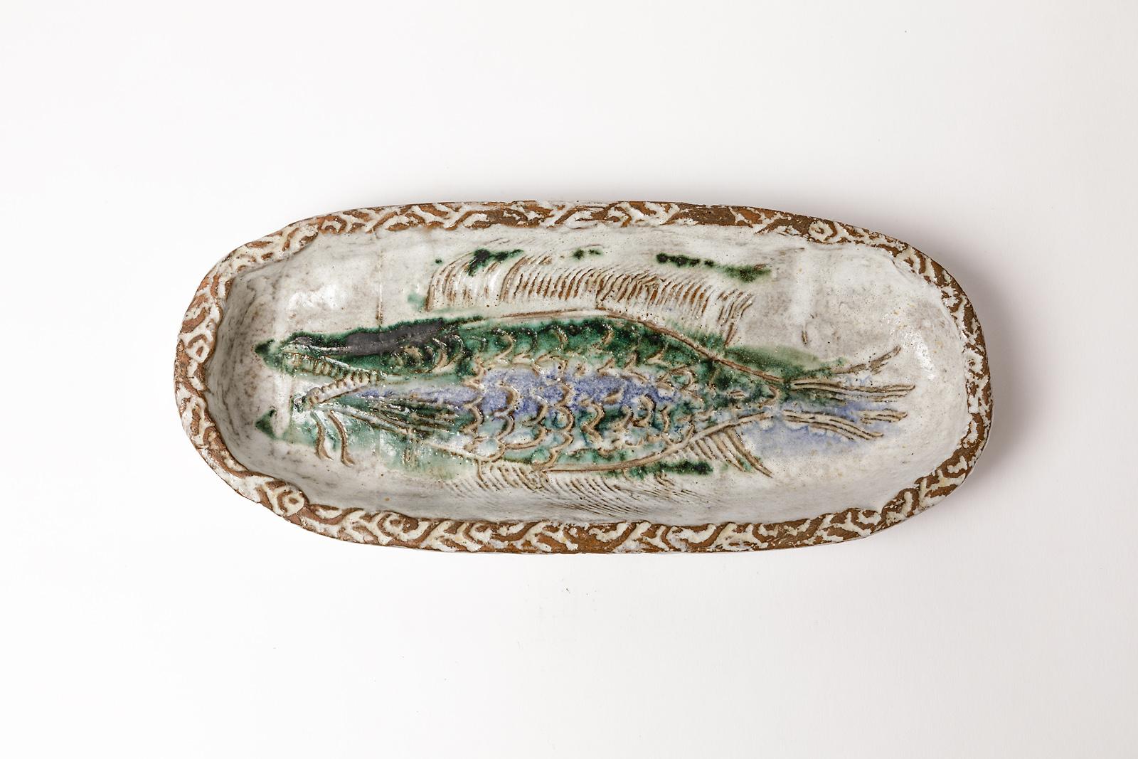 French Albert Thiry Animal Stoneware Ceramic Dish Plate with Fish Decoration Design For Sale