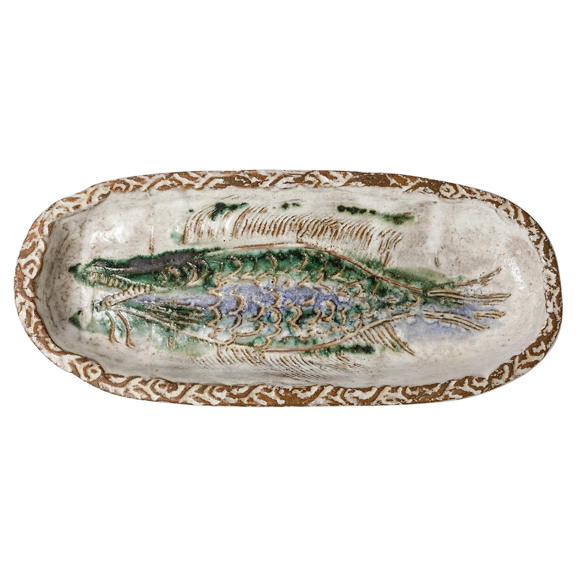 Albert Thiry Animal Stoneware Ceramic Dish Plate with Fish Decoration Design