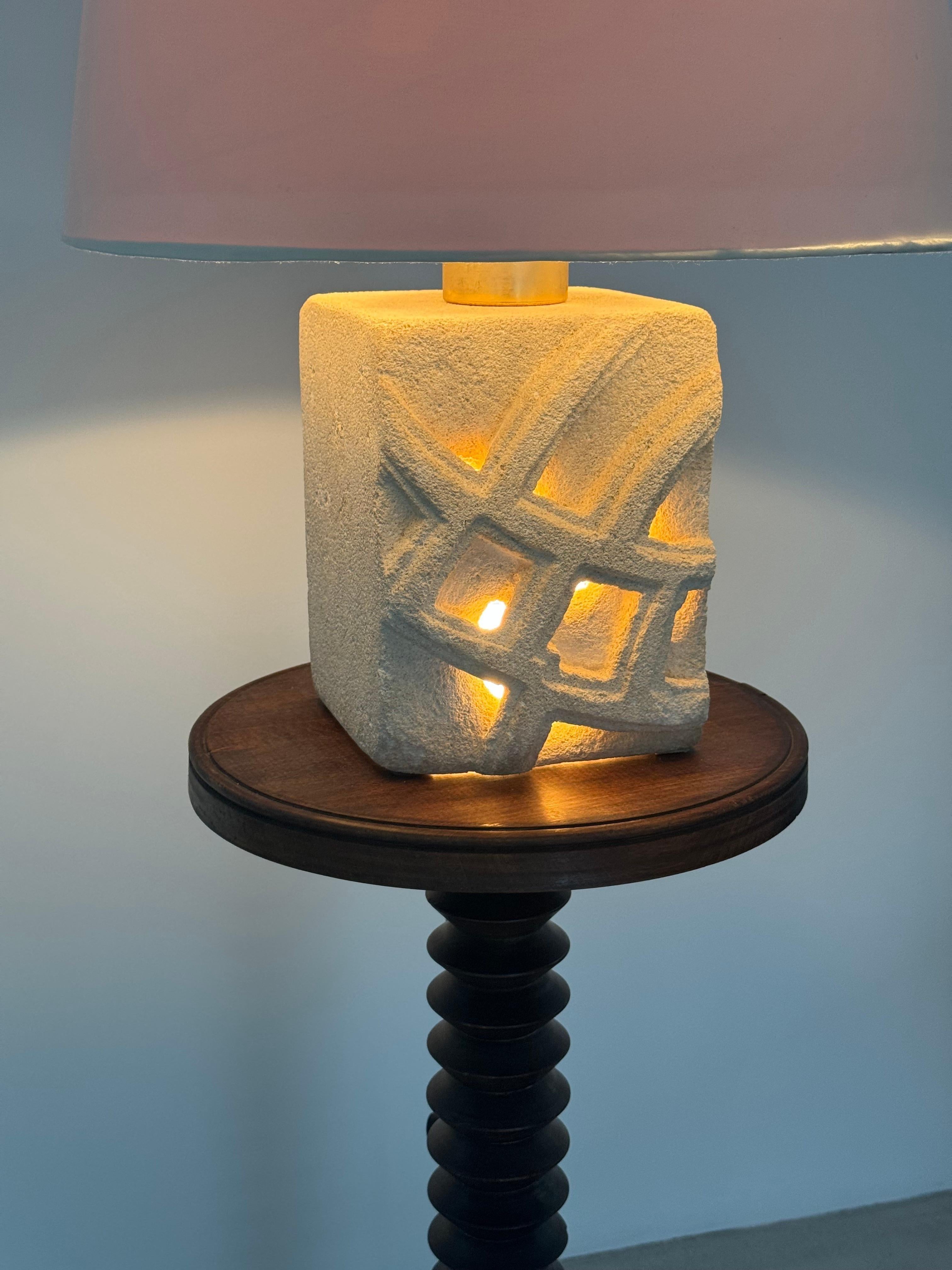 Hand-Carved Albert Tormos, French massive stone sculpture lamp with abstract design, 1970s For Sale