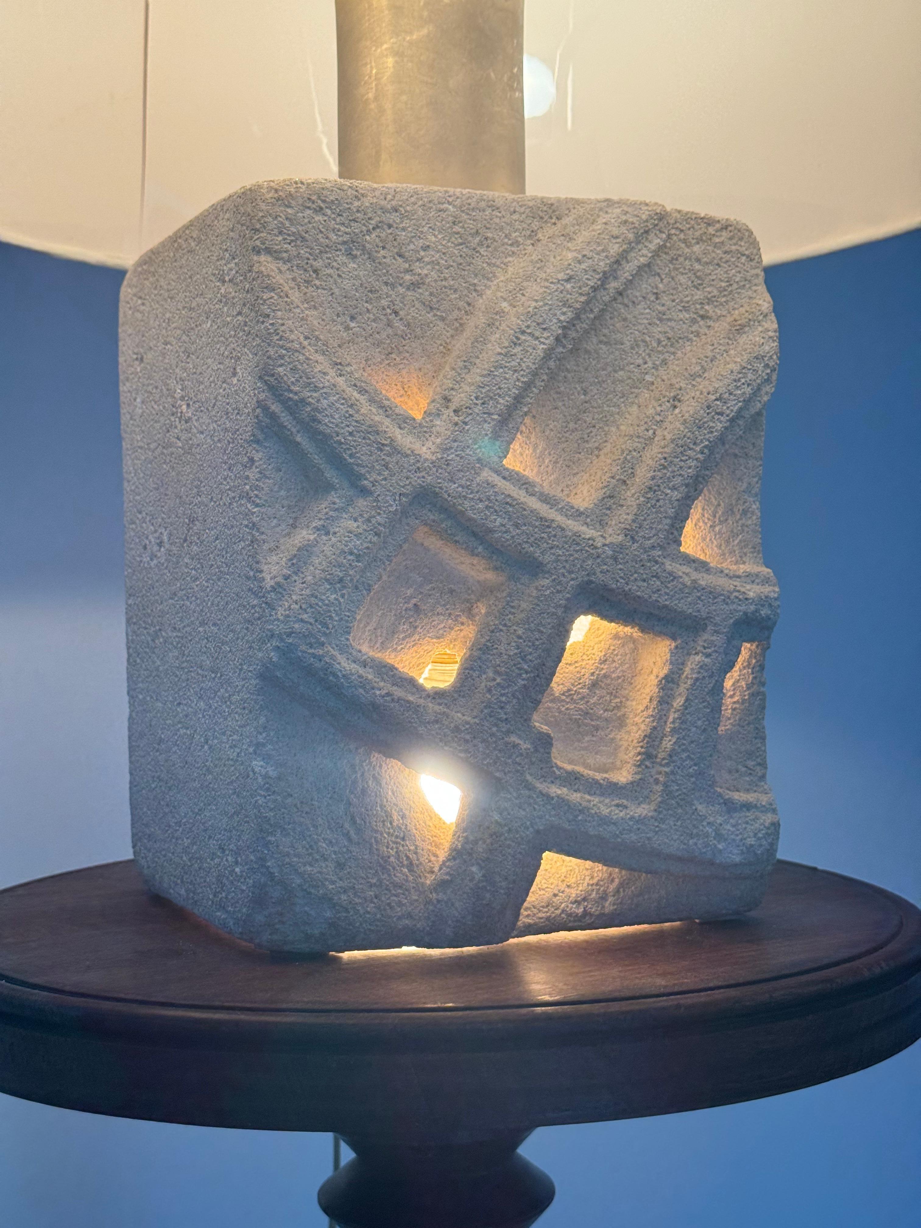 Late 20th Century Albert Tormos, French massive stone sculpture lamp with abstract design, 1970s For Sale