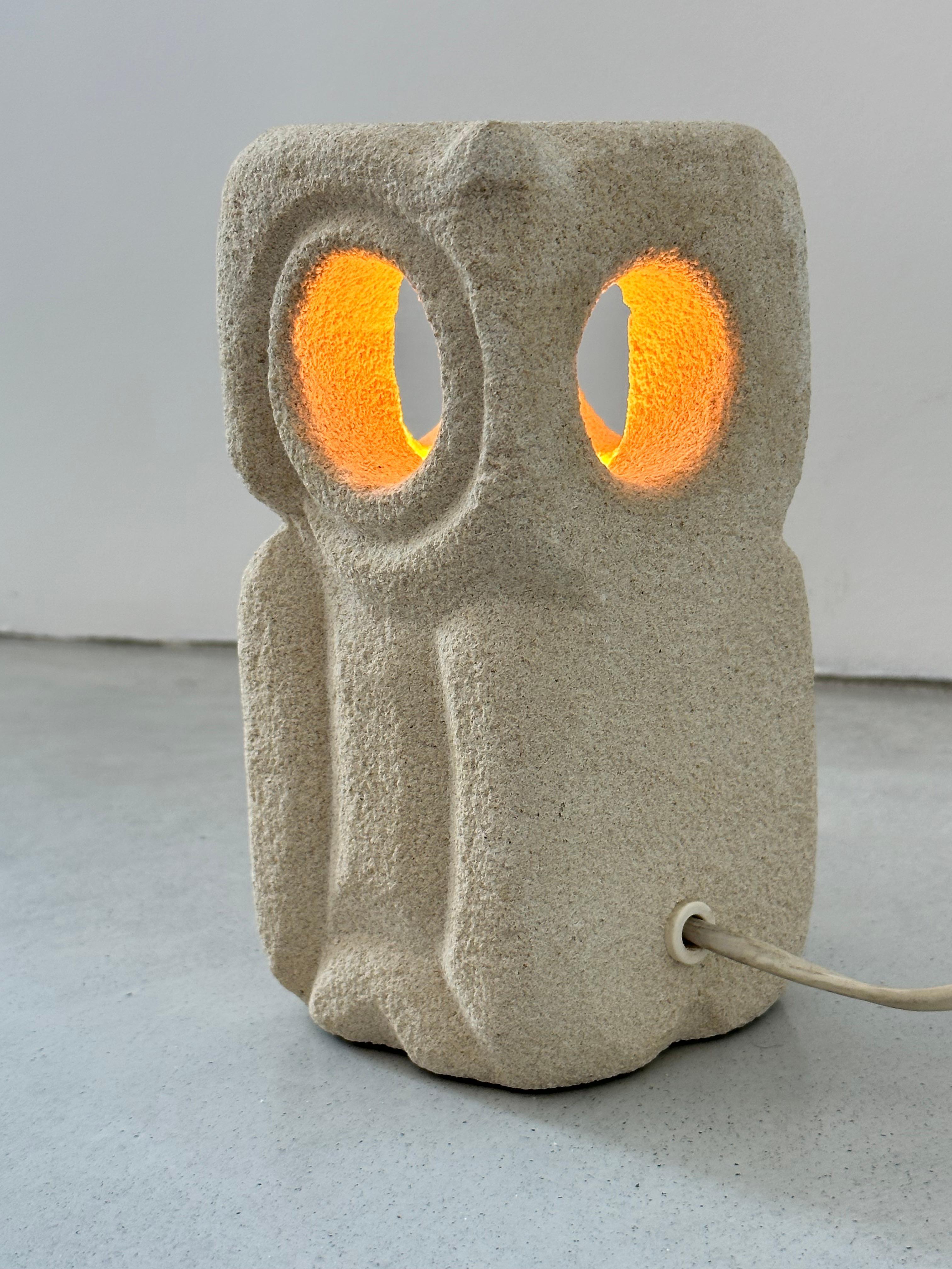 Albert TORMOS solid carved limestone owl lamp, France 1970s For Sale 3