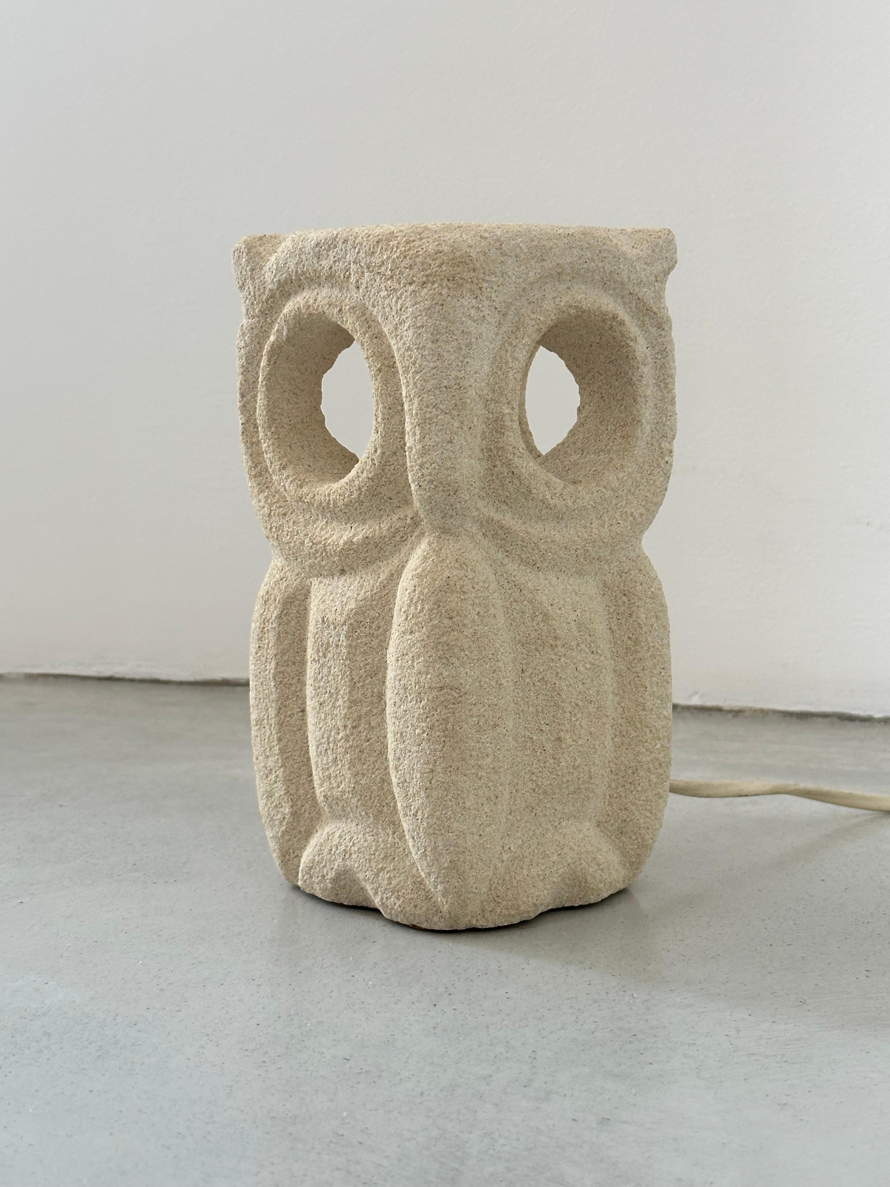 Albert TORMOS solid carved limestone owl lamp, France 1970s 4