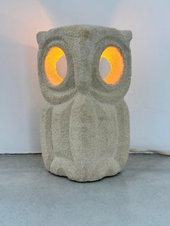 Albert TORMOS solid carved limestone owl lamp, France 1970s