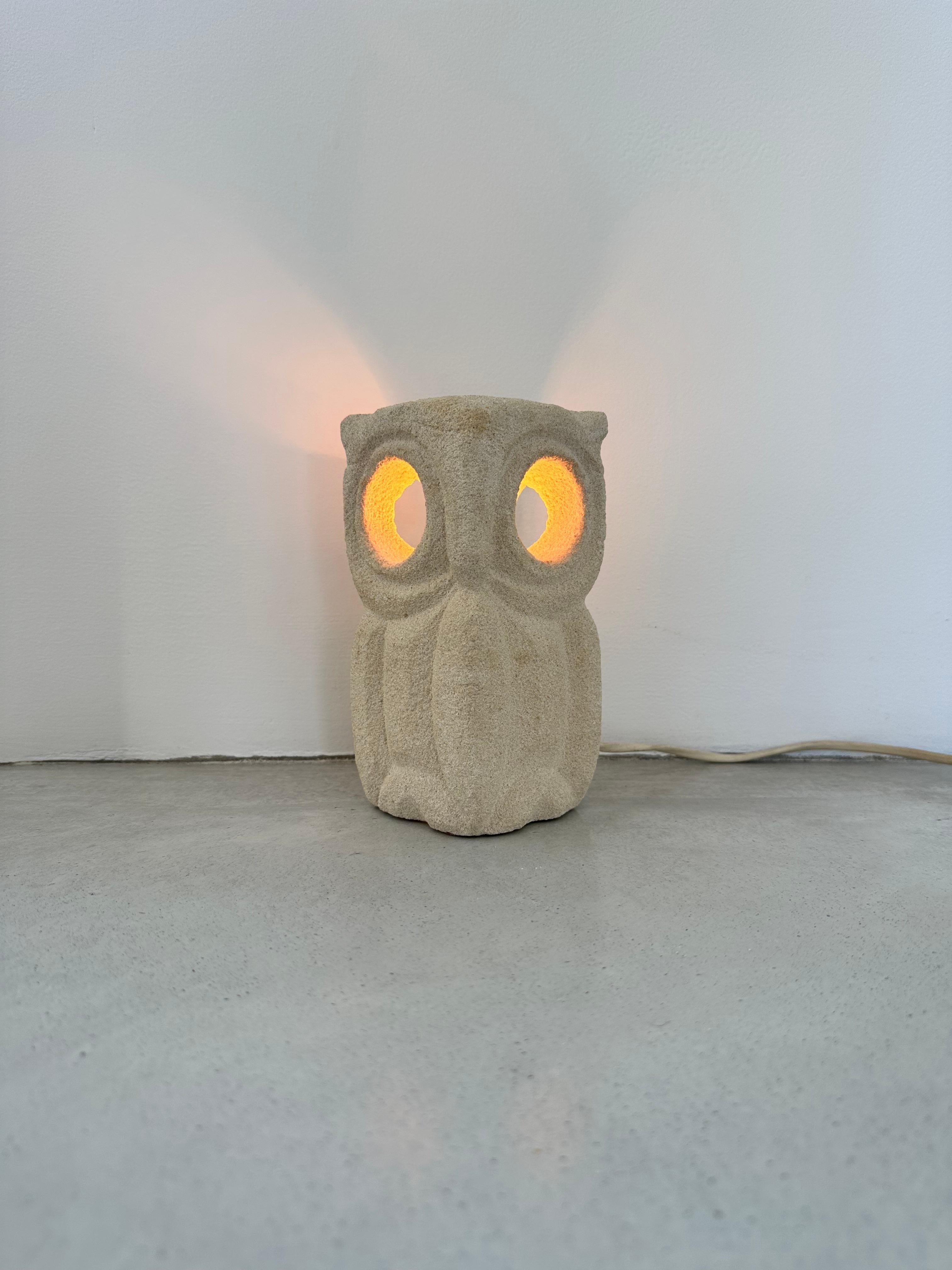 French Provincial Albert TORMOS solid carved limestone owl lamp, France 1970s For Sale