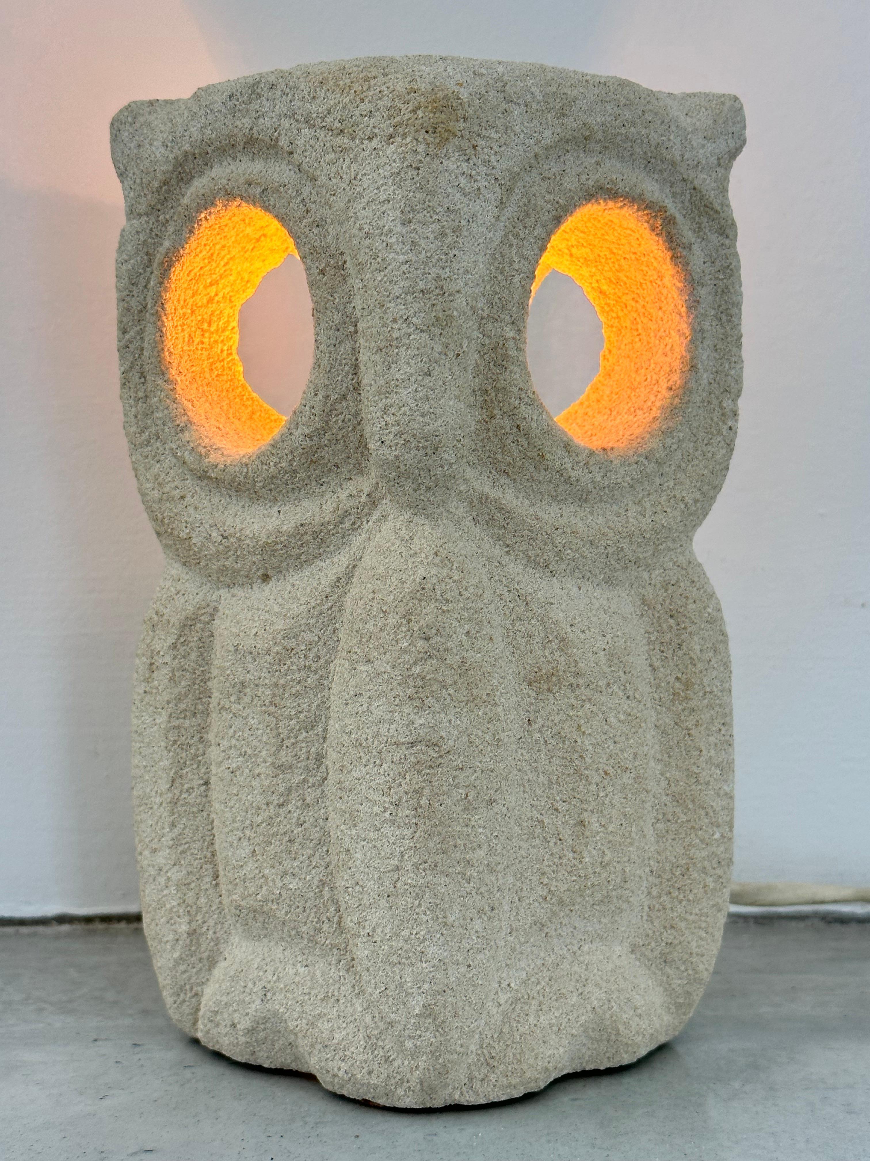 French Albert TORMOS solid carved limestone owl lamp, France 1970s