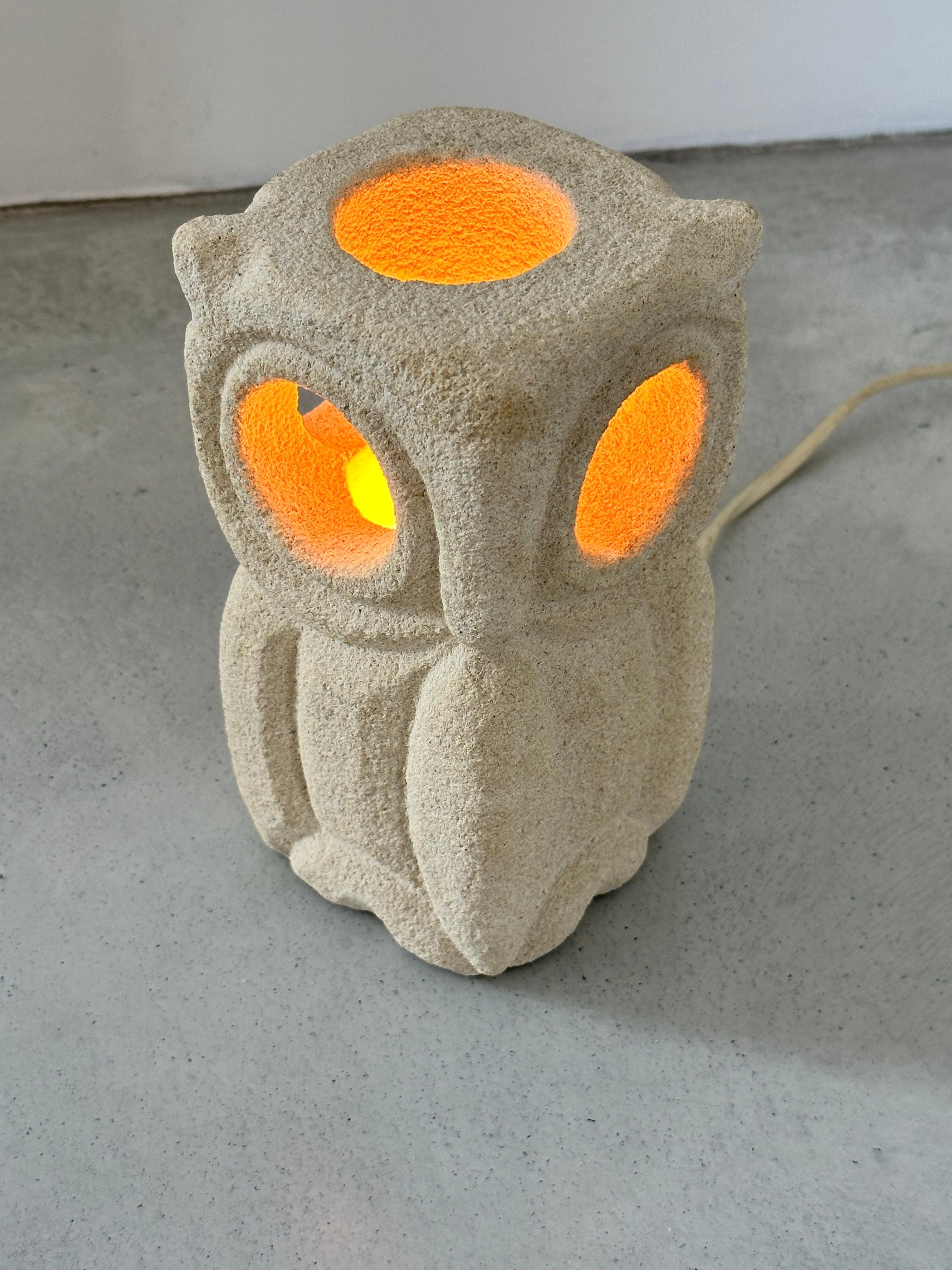 Late 20th Century Albert TORMOS solid carved limestone owl lamp, France 1970s For Sale
