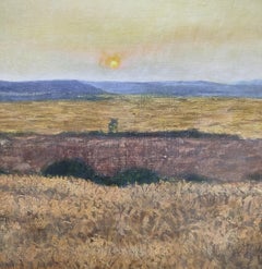 Peinture acrylique « Champs ensemencés », postimpressionniste, encadrée, années 1990