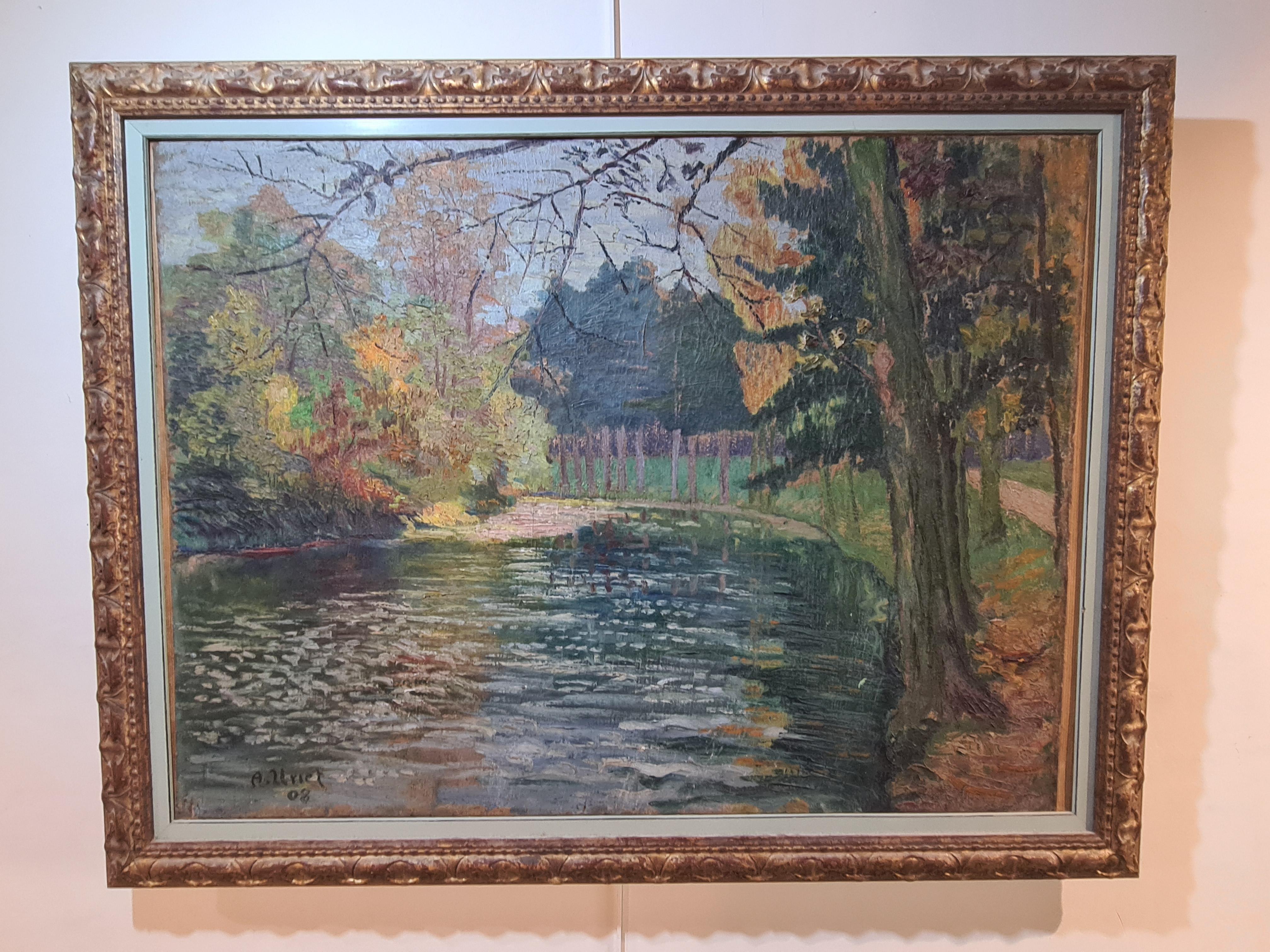 Paysage impressionniste français d'une rivière et d'un parc en vente 8