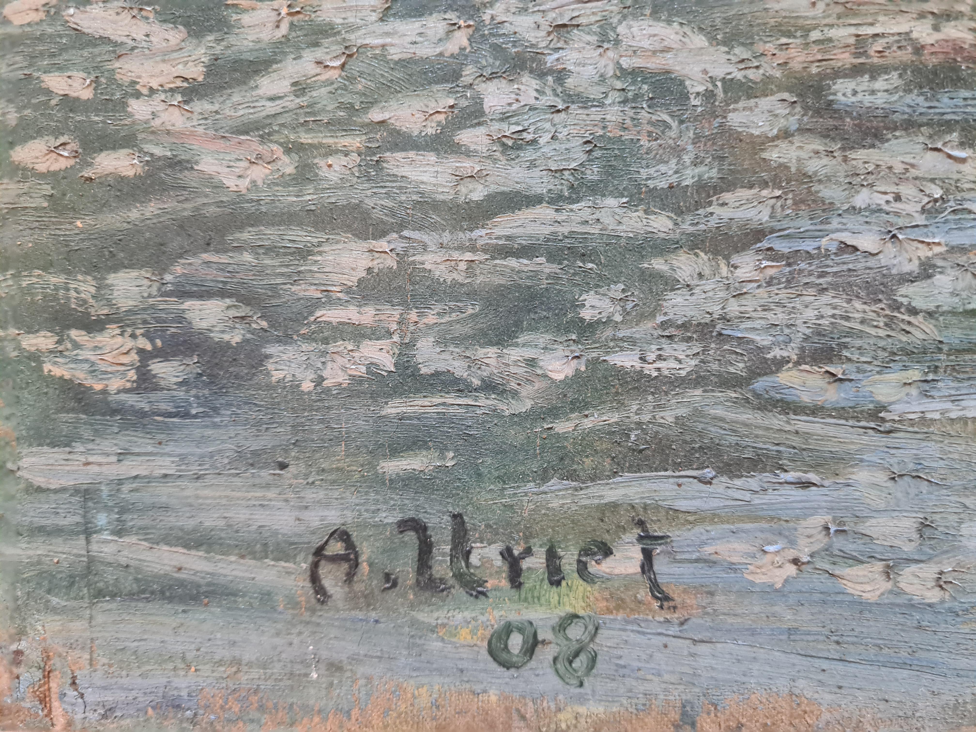Paysage impressionniste français d'une rivière et d'un parc - Painting de Albert Uriet 