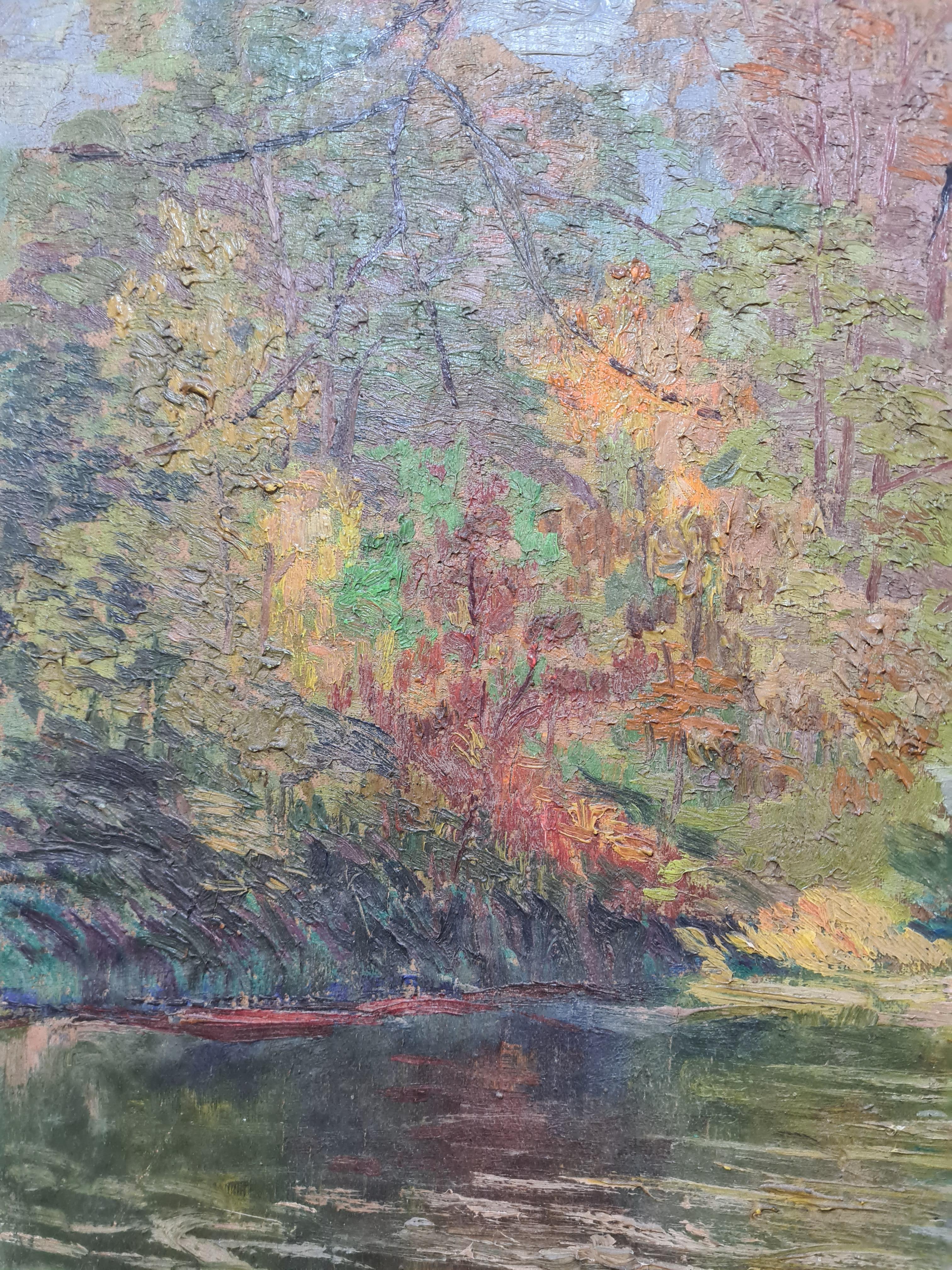 Paysage impressionniste français d'une rivière et d'un parc - Impressionnisme Painting par Albert Uriet 
