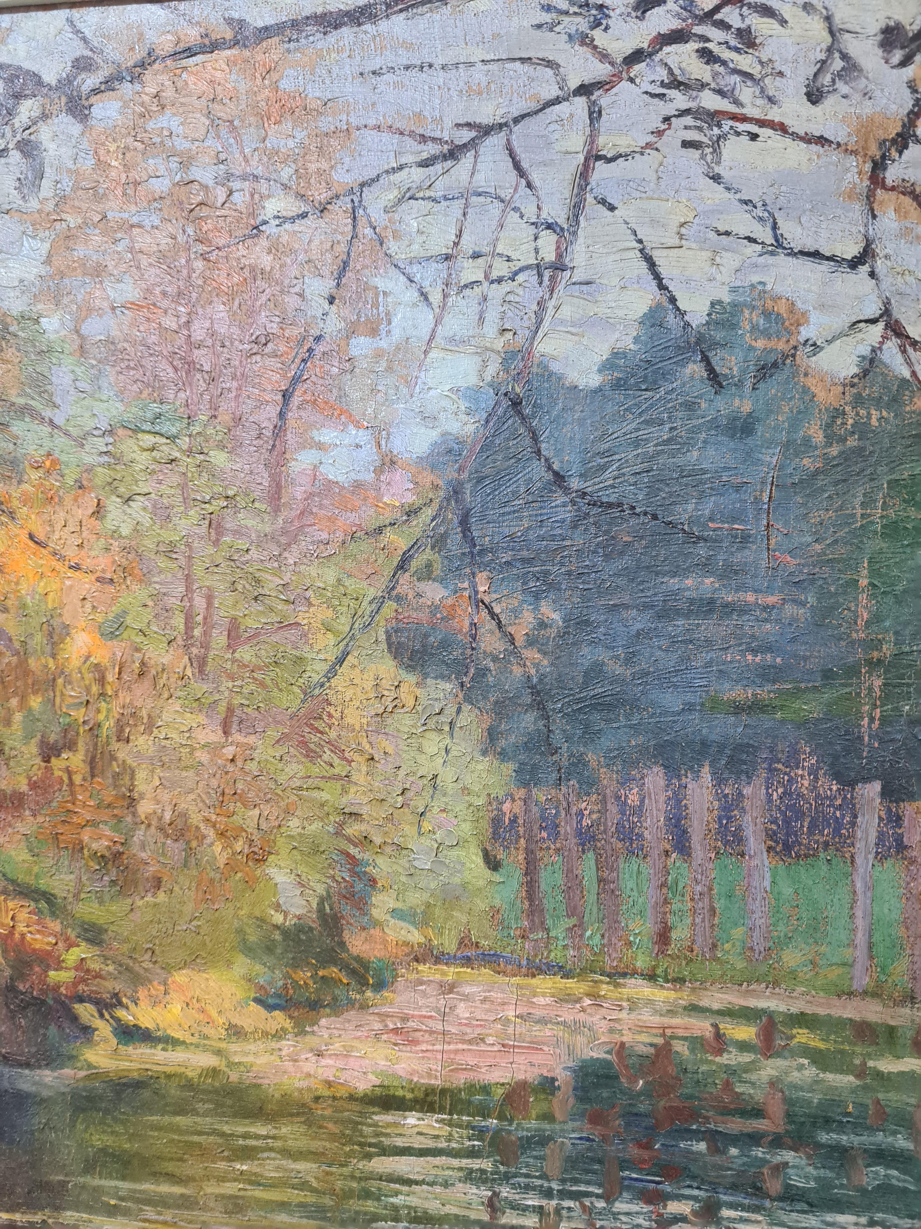 Paysage impressionniste français d'une rivière et d'un parc - Noir Landscape Painting par Albert Uriet 