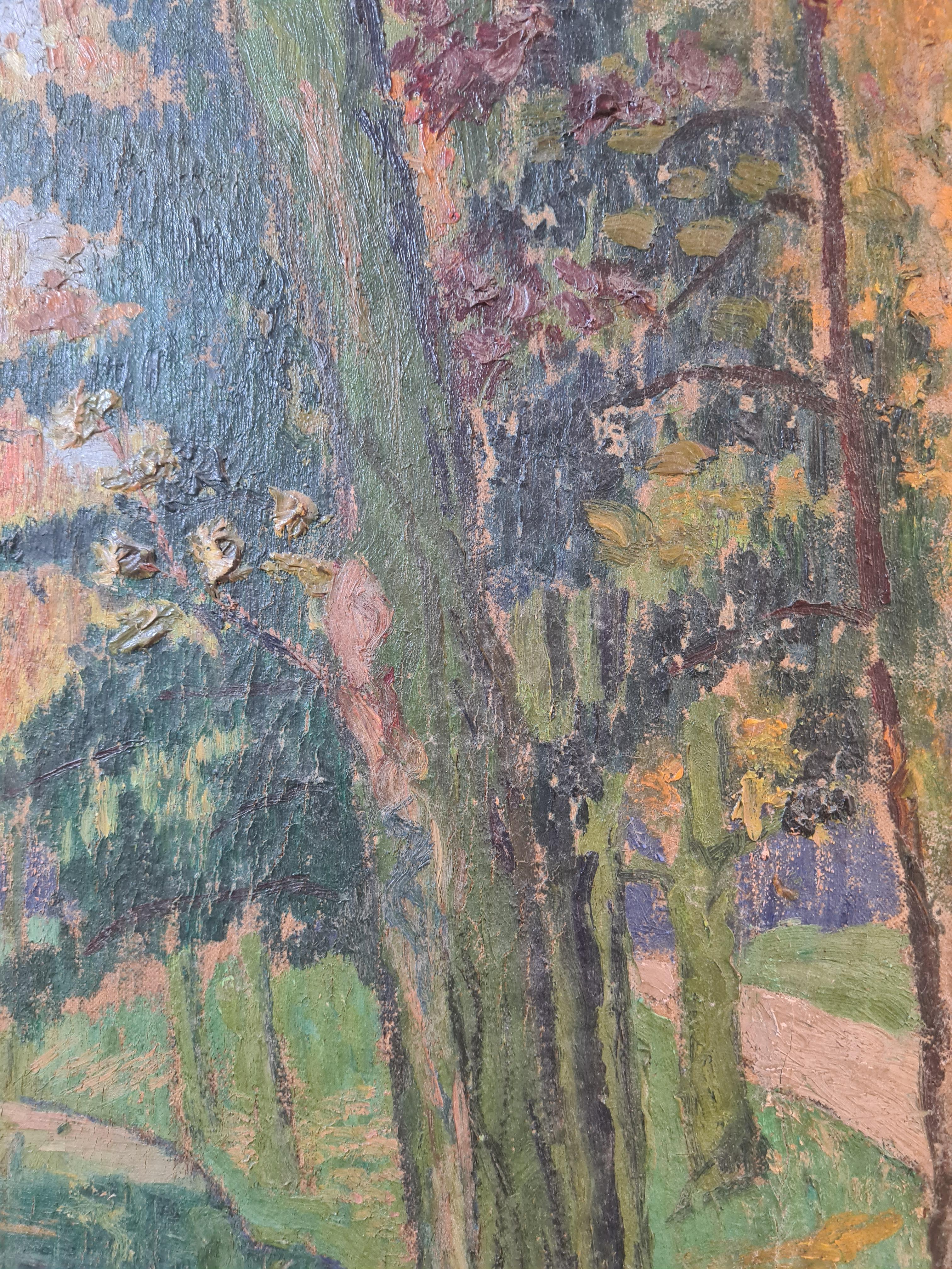 Paysage impressionniste français d'une rivière et d'un parc en vente 1