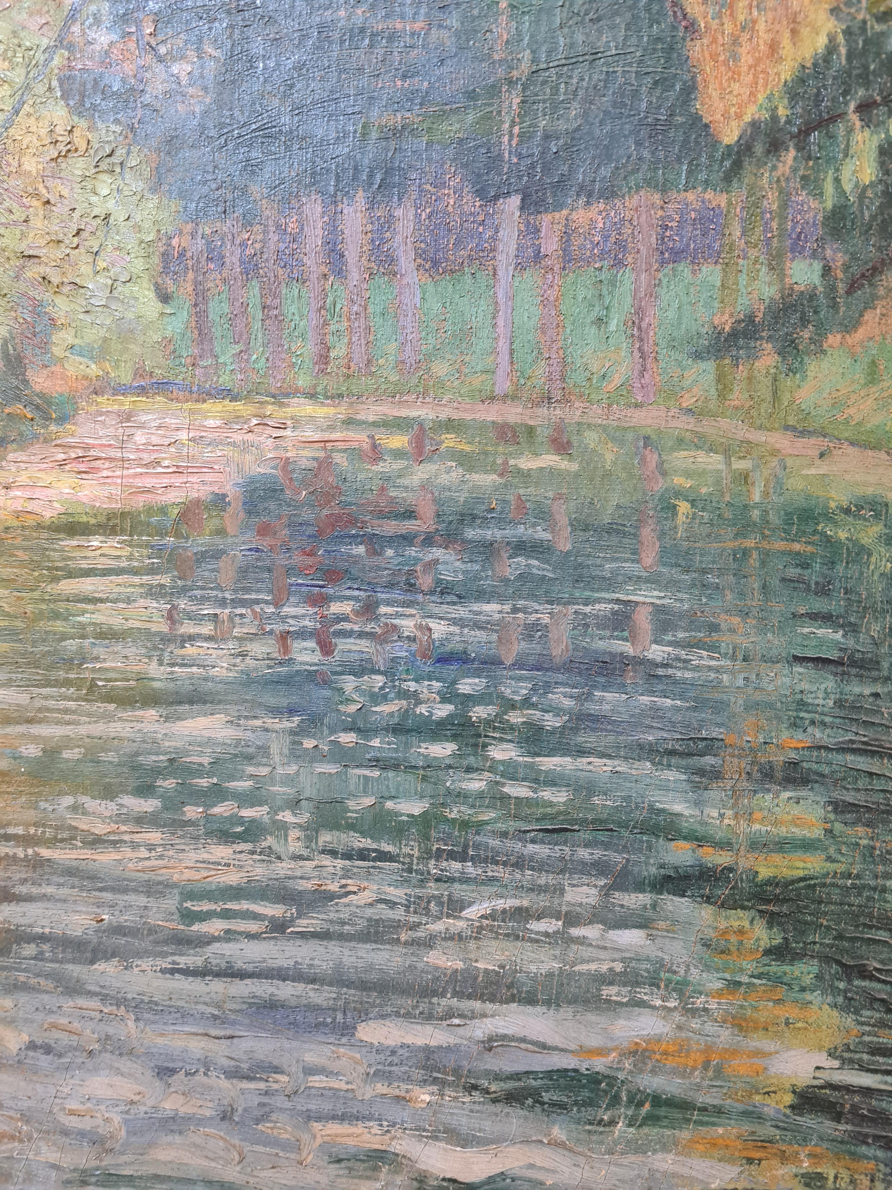 Paysage impressionniste français d'une rivière et d'un parc en vente 3