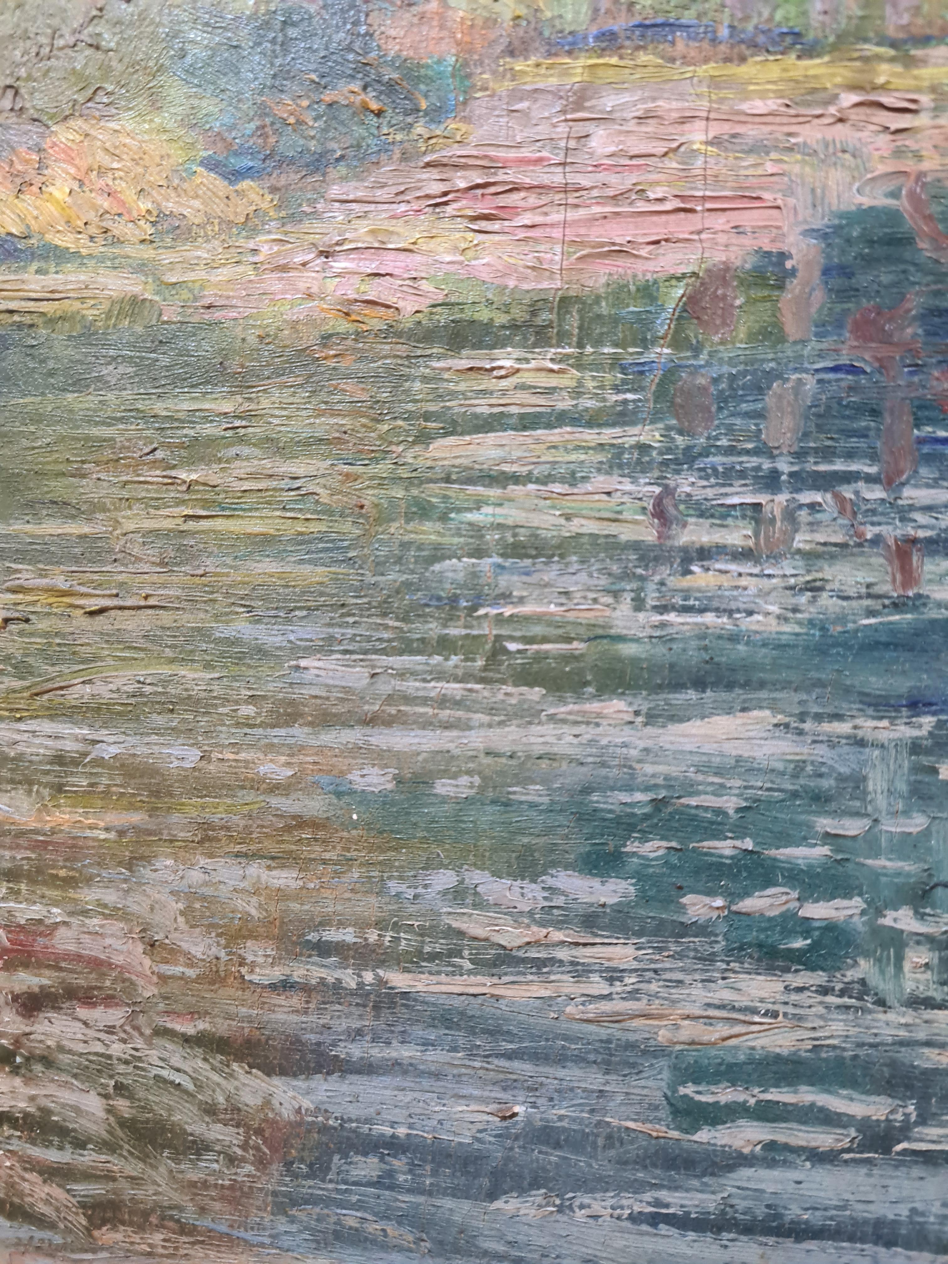 Paysage impressionniste français d'une rivière et d'un parc en vente 4